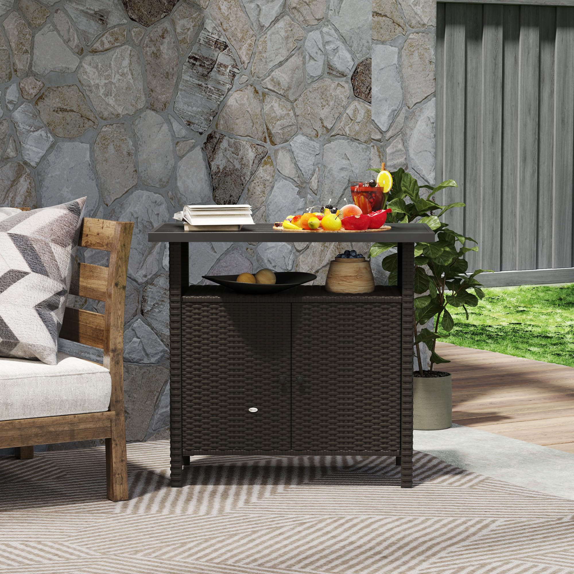 Outsunny Wicker Outdoor Storage Cabinet, Rattan Bar Table with 2 Doors and Shelf, Buffet Sideboard with Metal Slatted Countertop for Poolside, Patio, Backyard, Dark Coffee