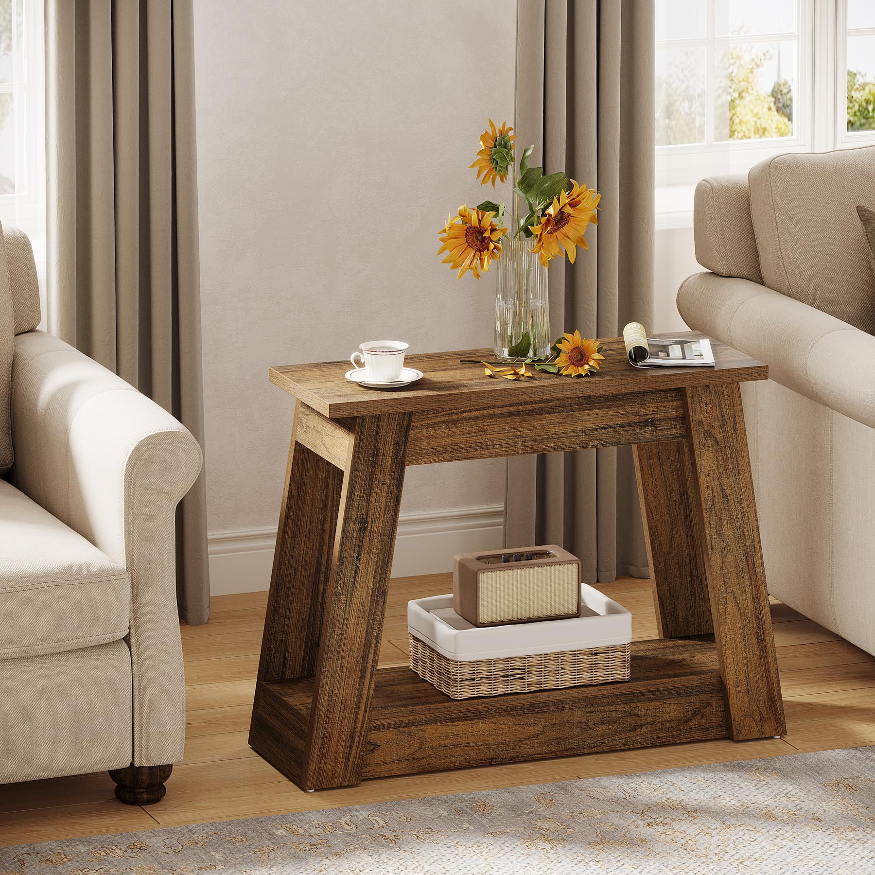 2-Tier Wood End Table with Storage Shelves