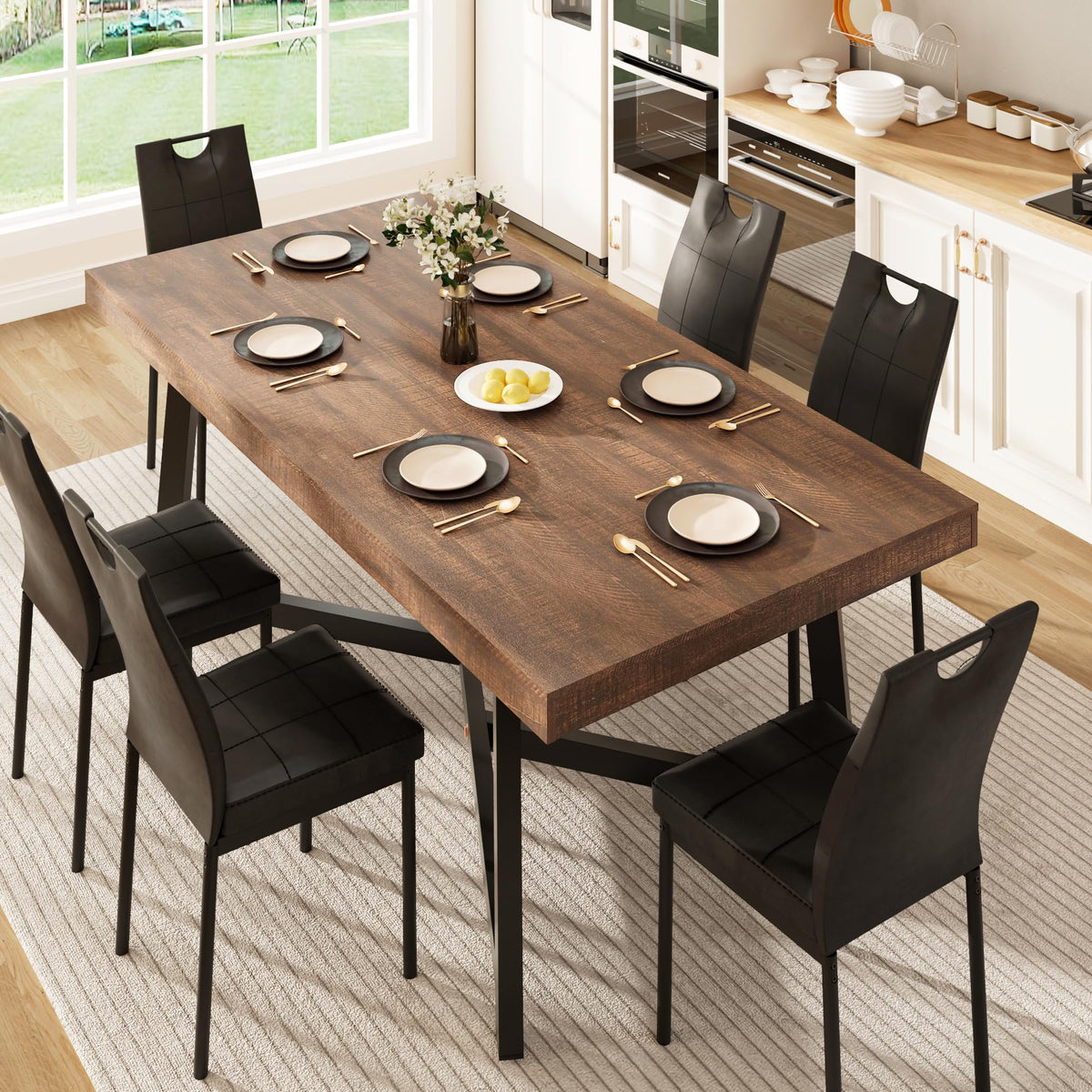St.Mandyu 7 Pcs 71 inch Farmhouse Dining Table with Chairs Set for 6,Brown