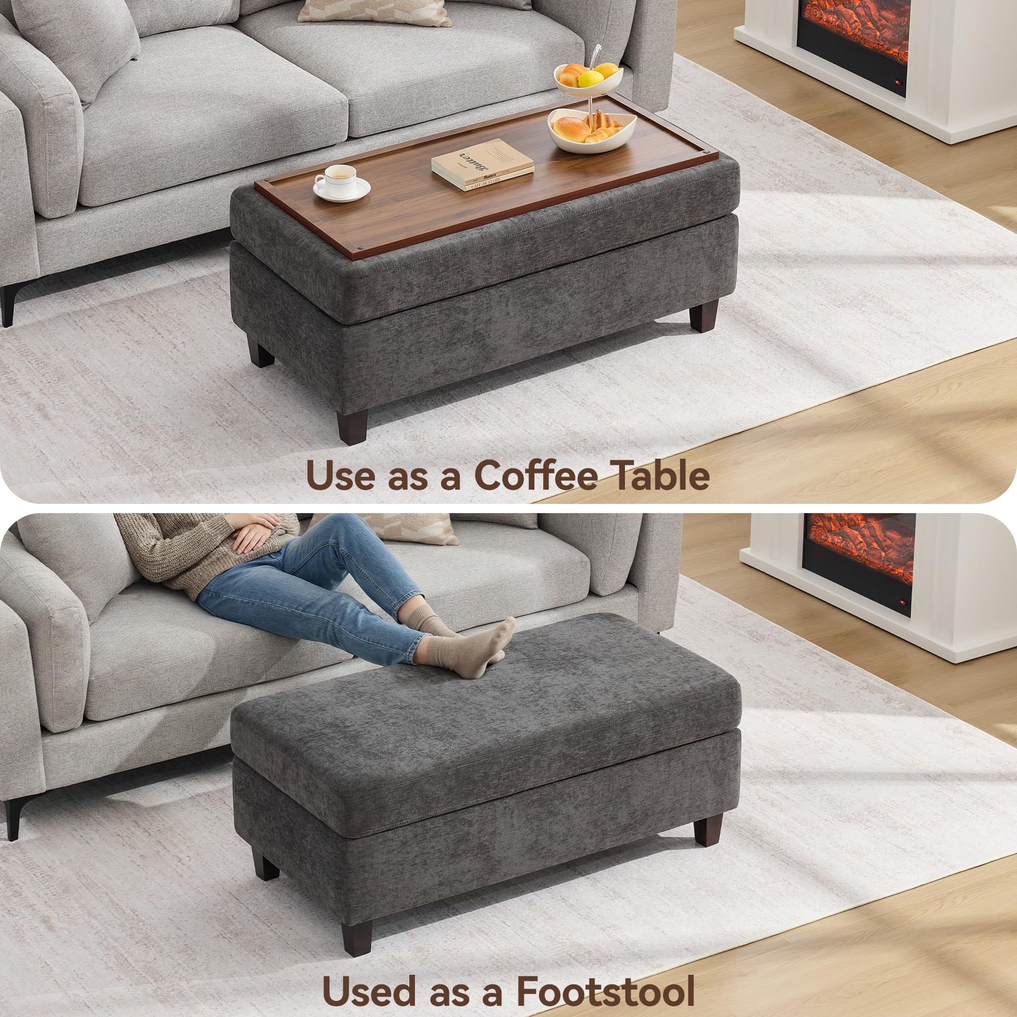 45 Inch Large Storage Ottoman Bench with Wooden Tray Coffee Table, Dark Grey Chenille Upholstered Foot Rest, Multifunctional Foot Stool Ottoman for Living Room, Bedroom & Entryway, Solid Wood Legs