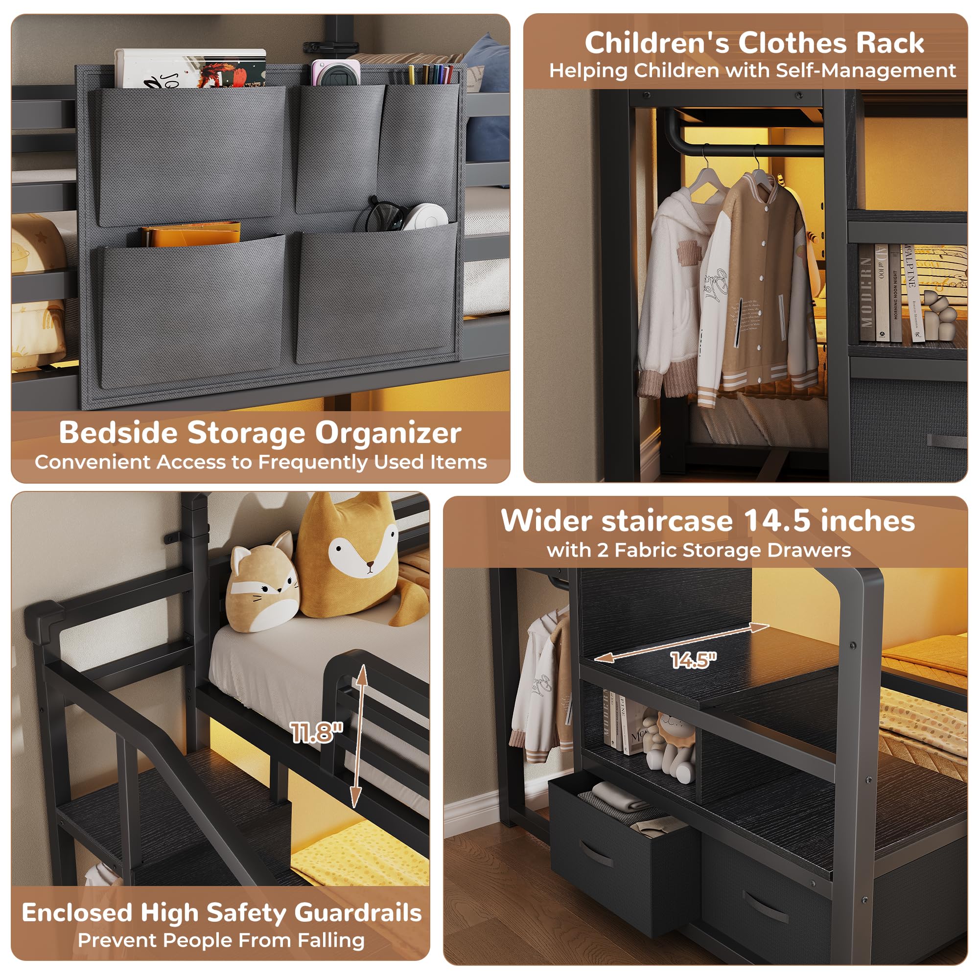 Twin Over Twin Bunk Bed with Storage Staircase & LED Lights