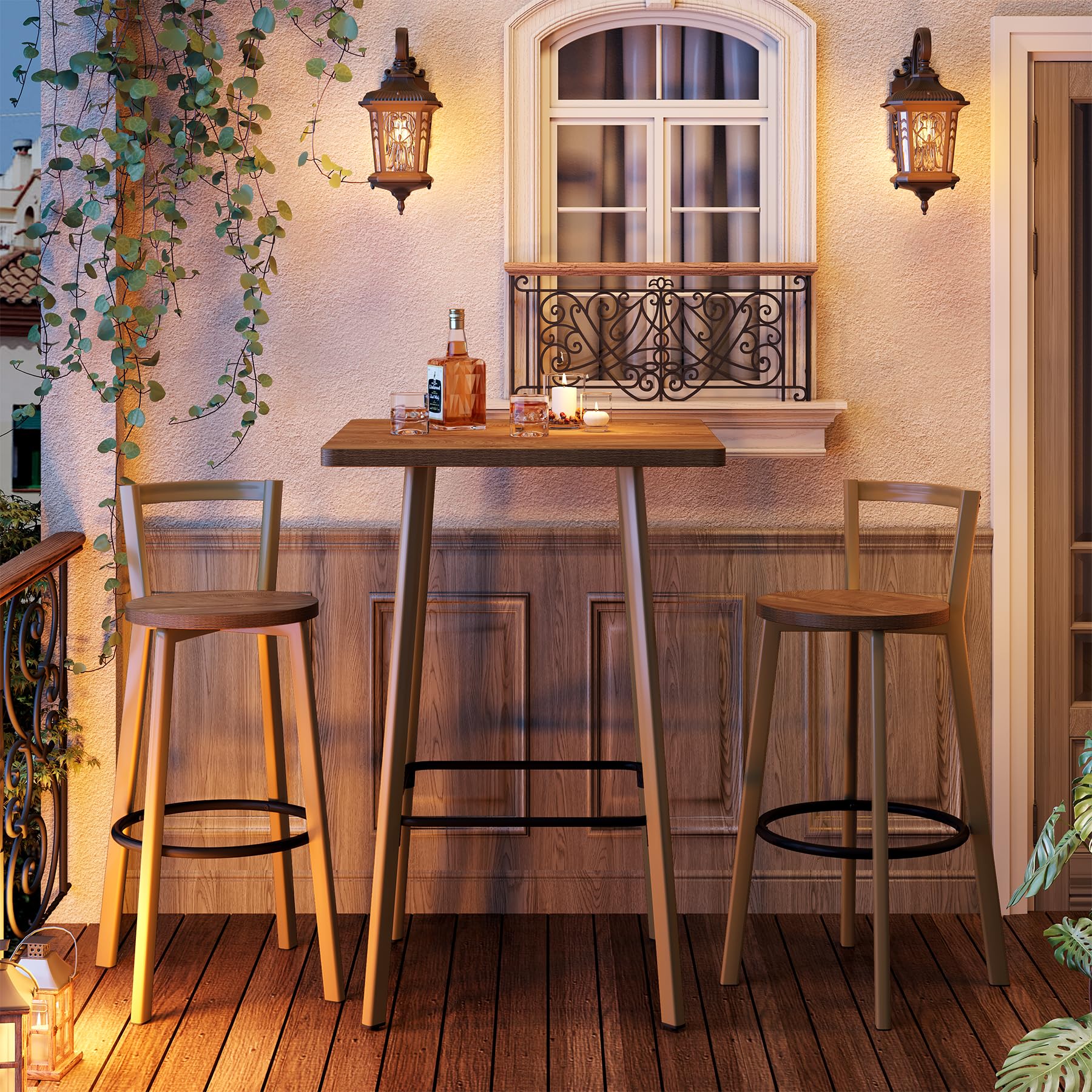 Bar Table and 2-Chair Set with Footrest, Oak