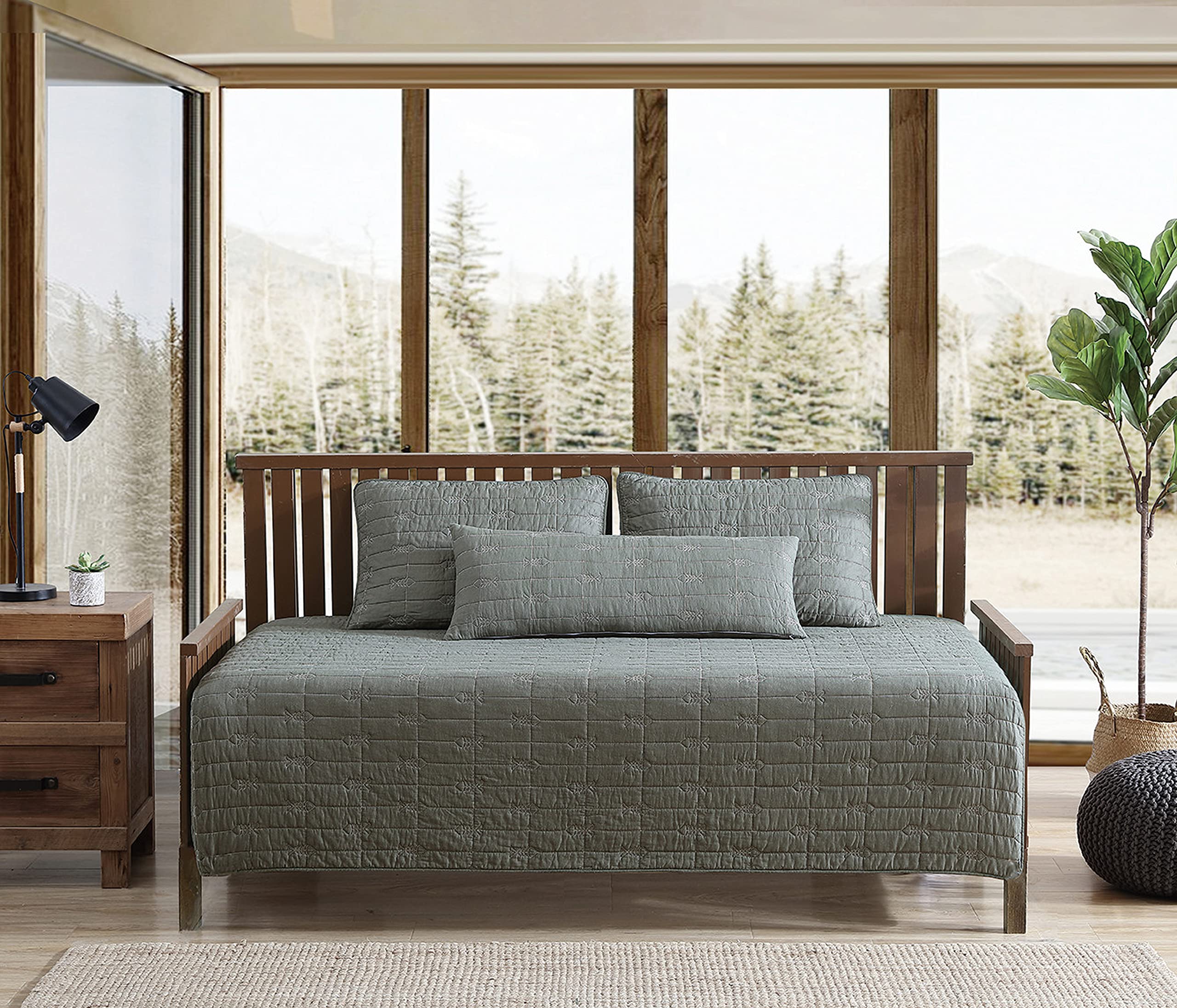 Eddie Bauer - Daybed Set, Reversible Cotton Bedding with Matching Shams & Decorative Pillow Cover, Luxurious Bedding Set (Troutdale Green, Daybed)
