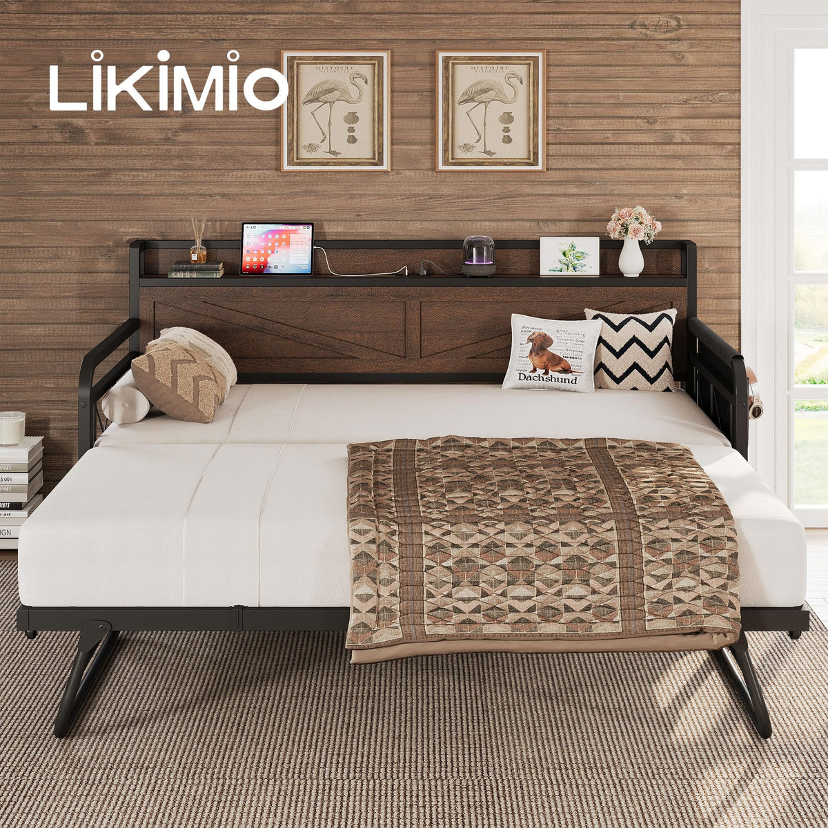 LIKIMIO Twin Daybed with Pop Up Trundle & Charging Station & Storage Shelf