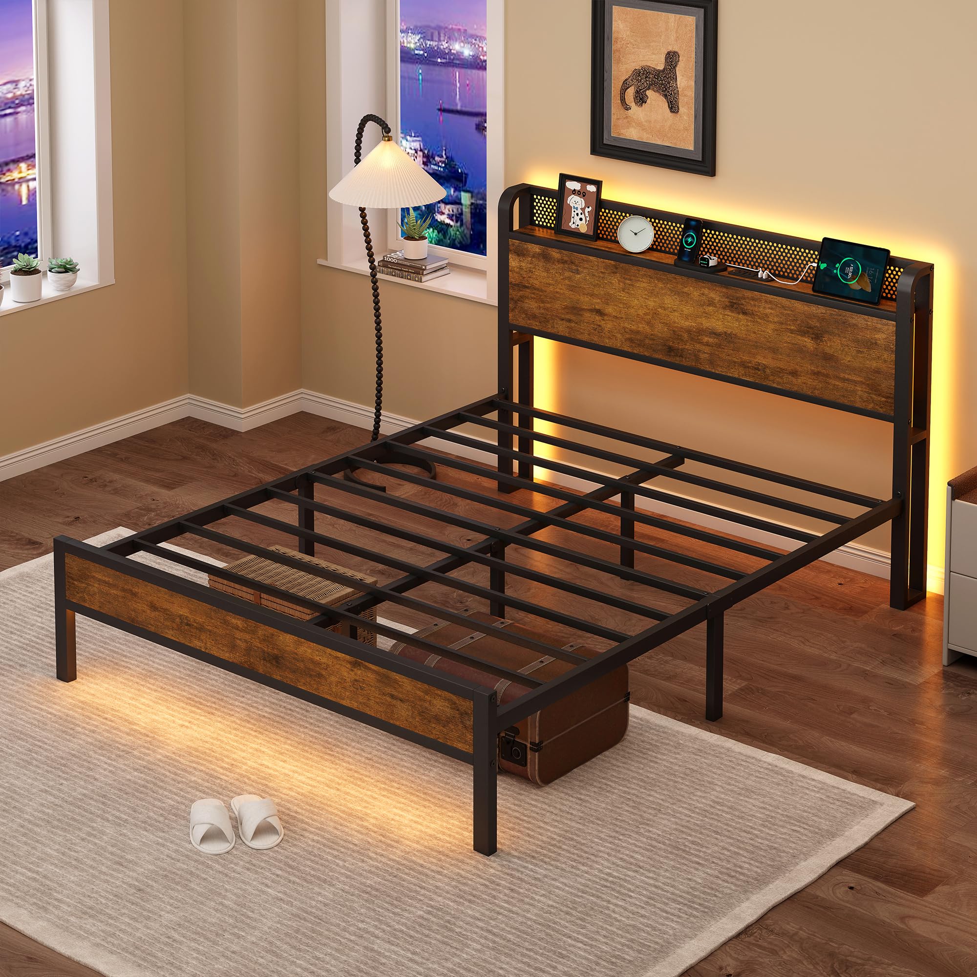 Nedenyou Full Bed Frame with Charging Station and LED Lights,Heavy Duty Platform Beds Full Size with Storage Headboard,USB Port,Rustic Wood and Strong Metal Support,No Box Spring Needed, Noise Free