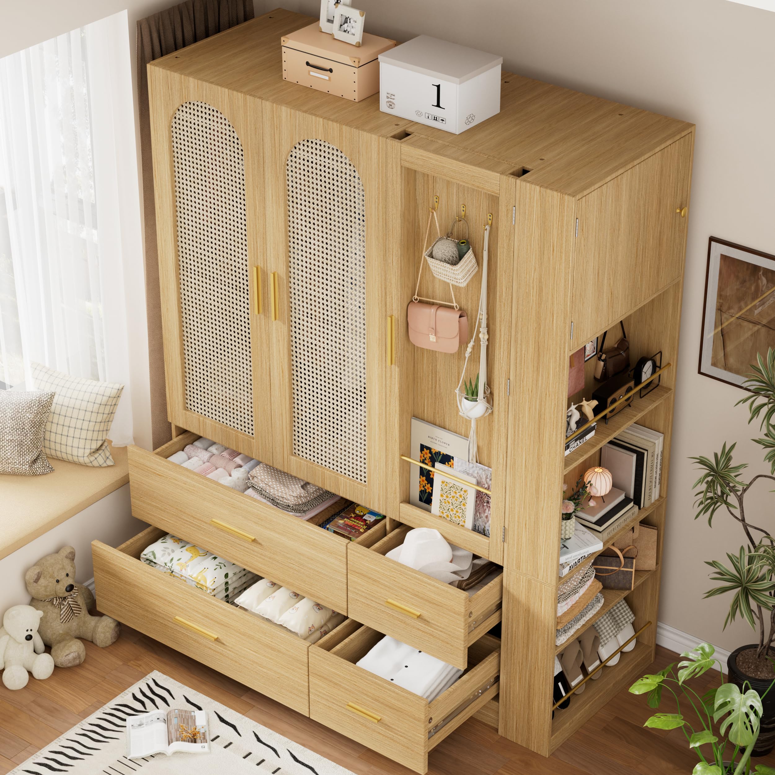 3-Door Rattan Wardrobe Closet with Mirror & Drawers