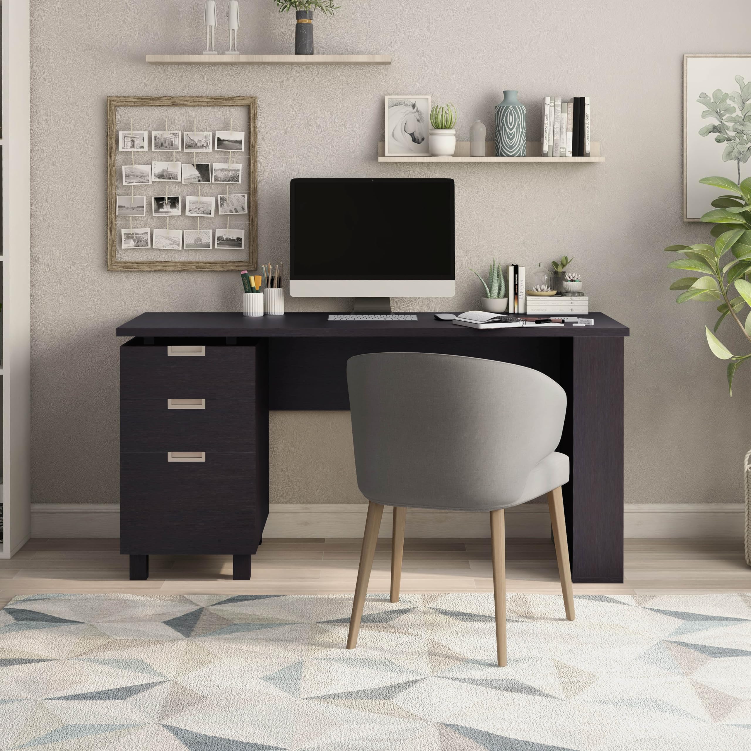 3-Drawer Office Desk with File Cabinet & Magazine Racks, Espresso