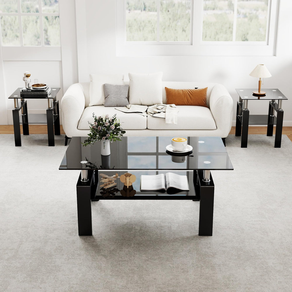 IANIYA Modern Tempered Glass Coffee Table Set - 3 Piece Living Room Table Set - Coffee Table and End Table Set of 3 for Living Room, Office, Apartment, Small Space, Black