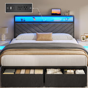Upholstered Bed Frame with Storage Drawers, Charging Headboard & LED Lights