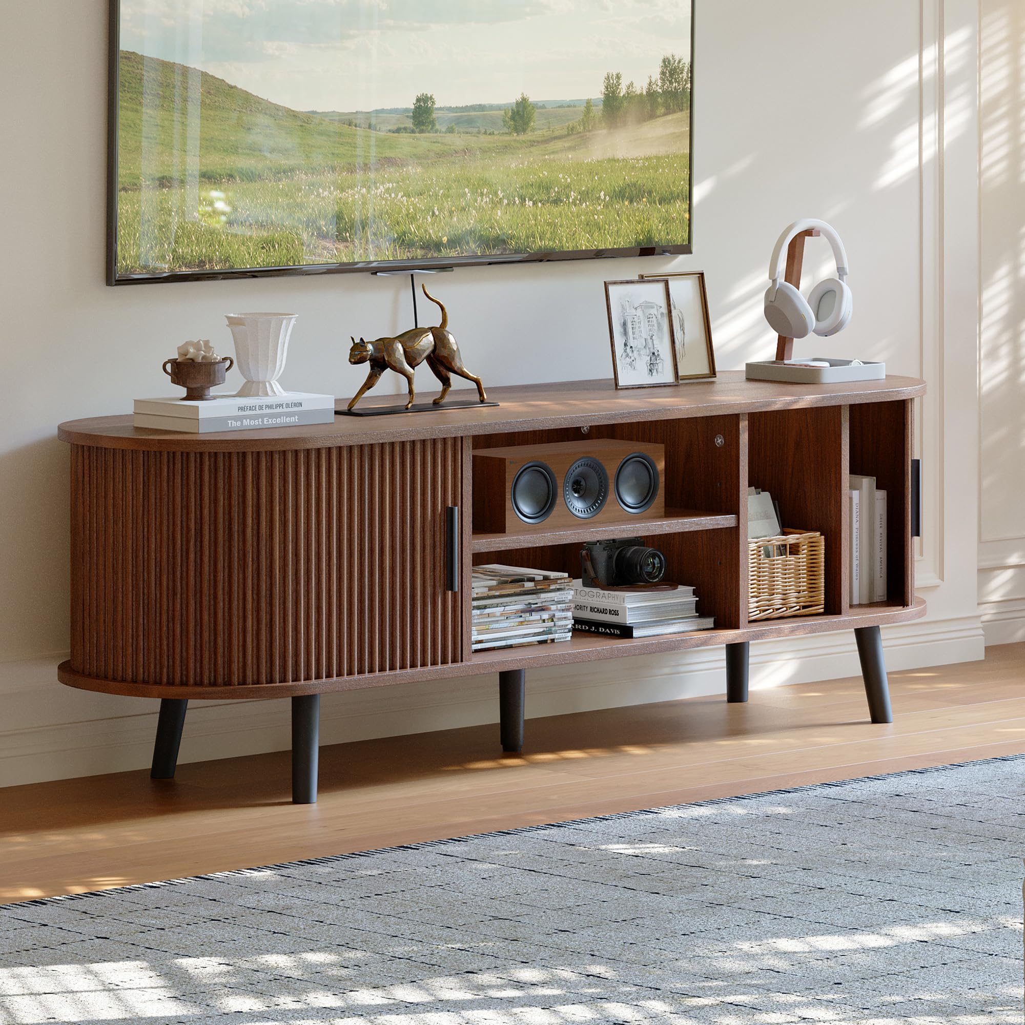 Mid-Century Modern TV Stand with Fluted Sliding Doors