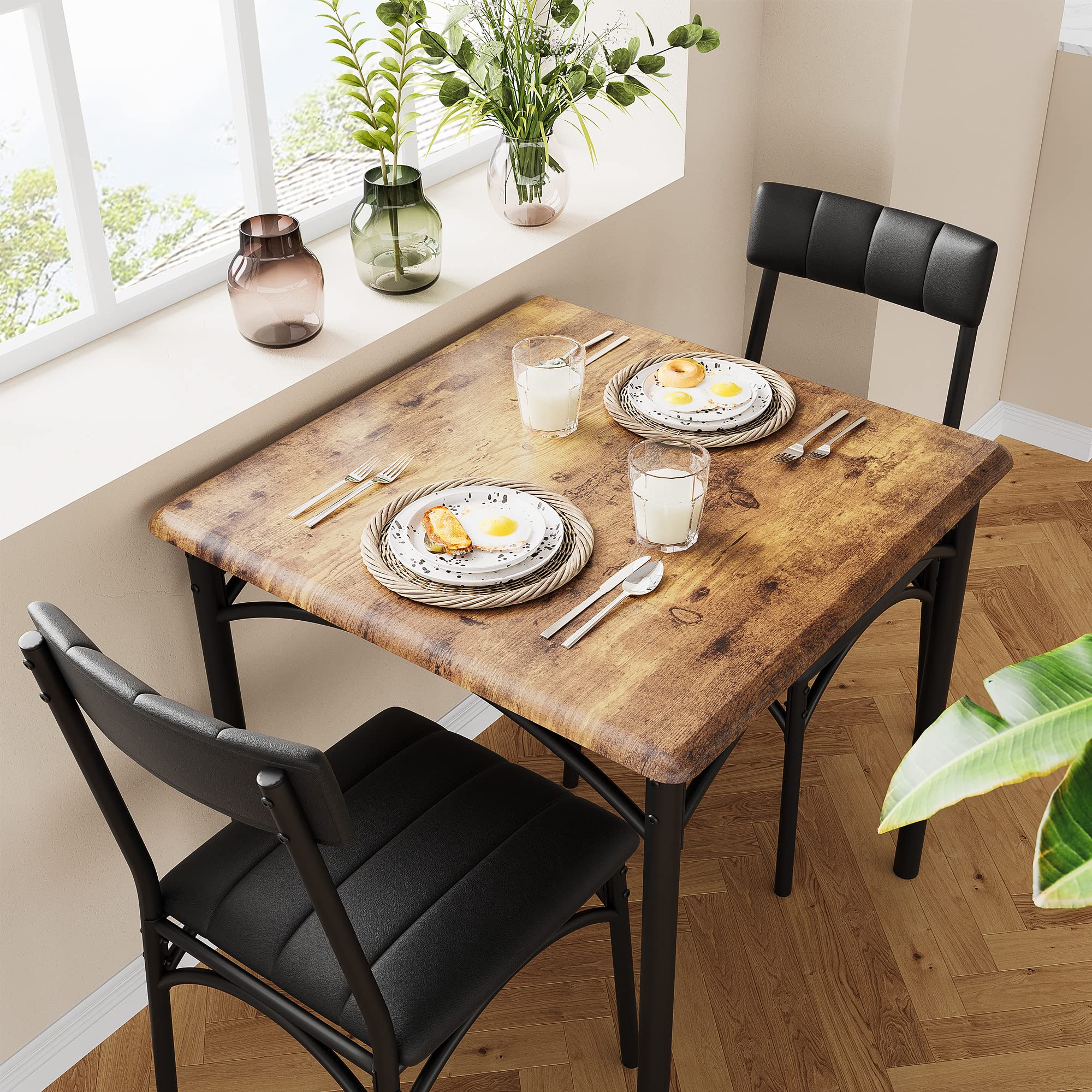 SLEKVERSA 3-Piece Dining Table Set for 2, Kitchen Table Set with 2 Upholstered Chairs, Square Dining Table Set for Apartment, Studio, Small Space, Brown