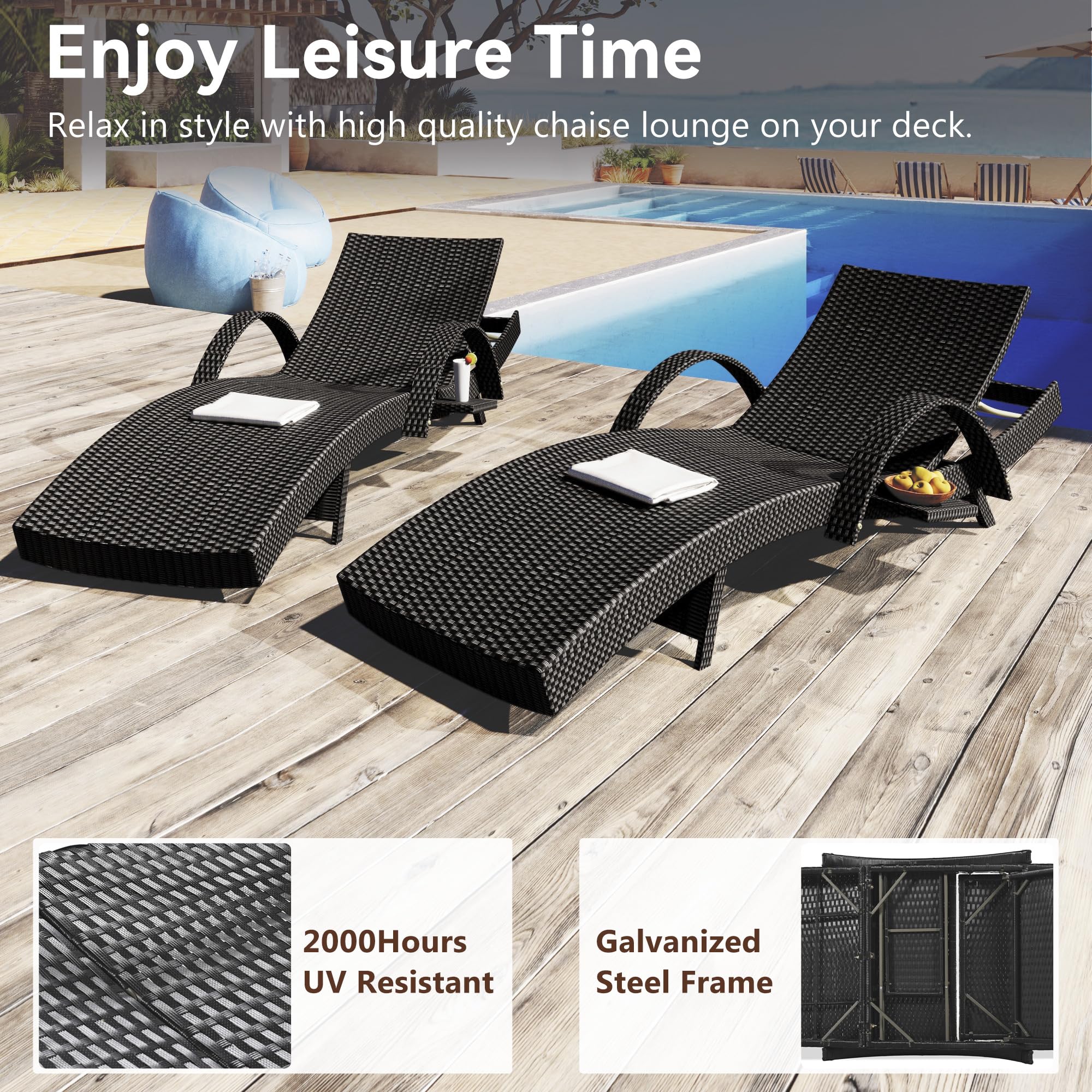 Outdoor Reclining Chaise Lounge Set of 2 with Pull-Out Side Table