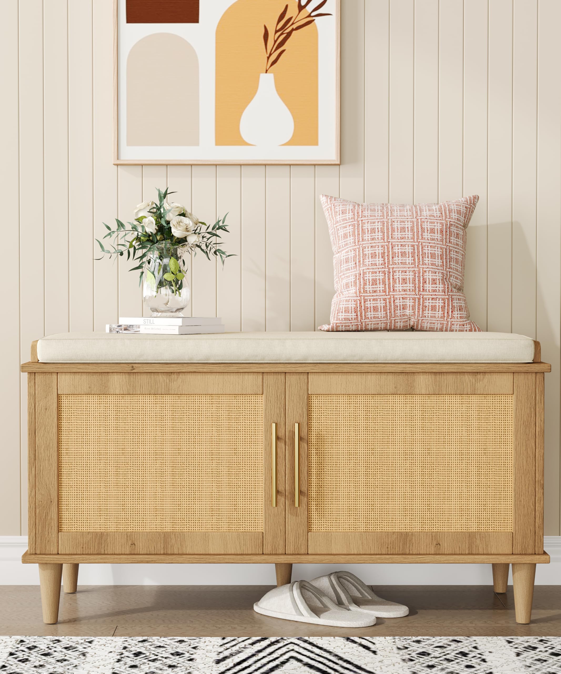 Rattan Shoe Storage Bench with Cushion