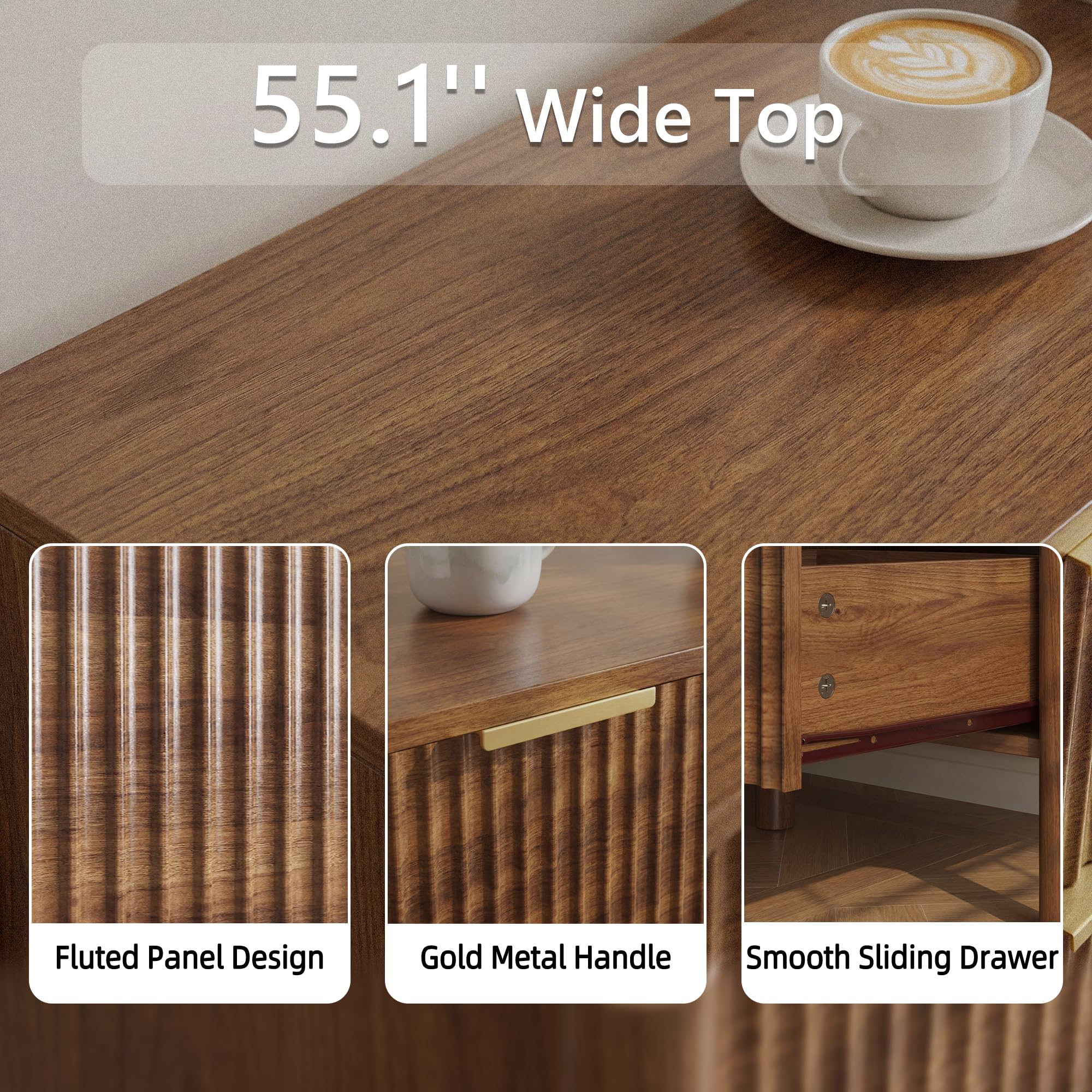 CHUWELL Fluted Walnut Dresser for Bedroom, 55.1" Wide Mid Century Modern Chest of Drawers with 4 Solid Wood Cylindrical Legs & Gold Metal Handles, 6 Drawer Large Dresser for Bedroom