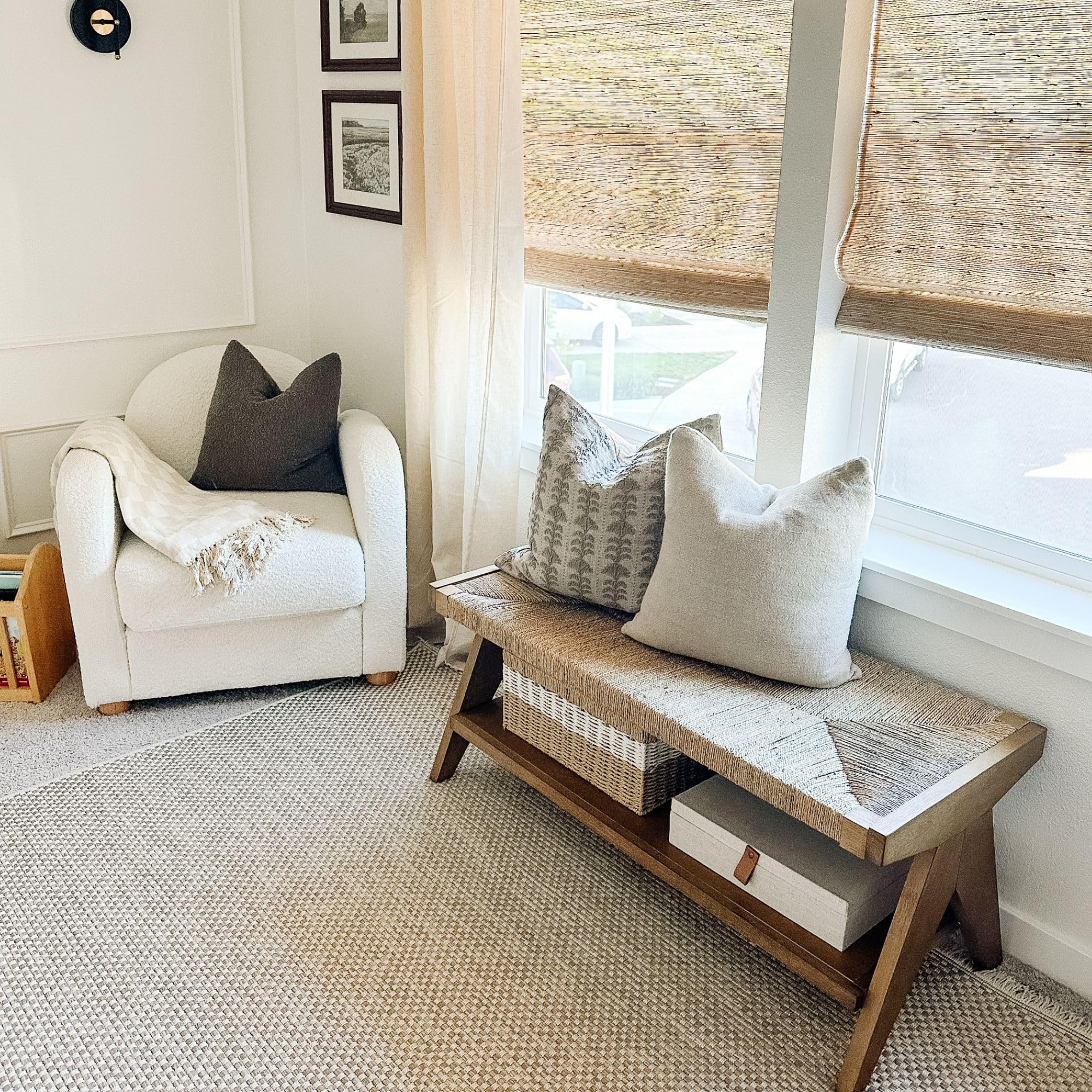 Nathan James Beacon Bohemian Bench Seat with Shoe Storage, Seagrass Entryway or End of Bed Bench with Solid Wood Frame, Brushed Light Brown