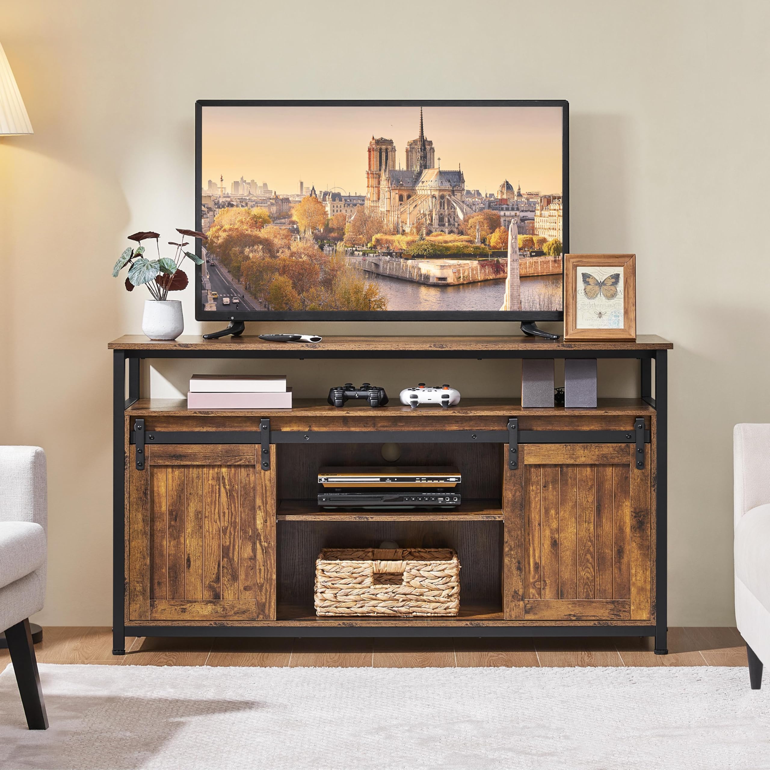 Rustic Brown TV Stand with Sliding Barn Doors