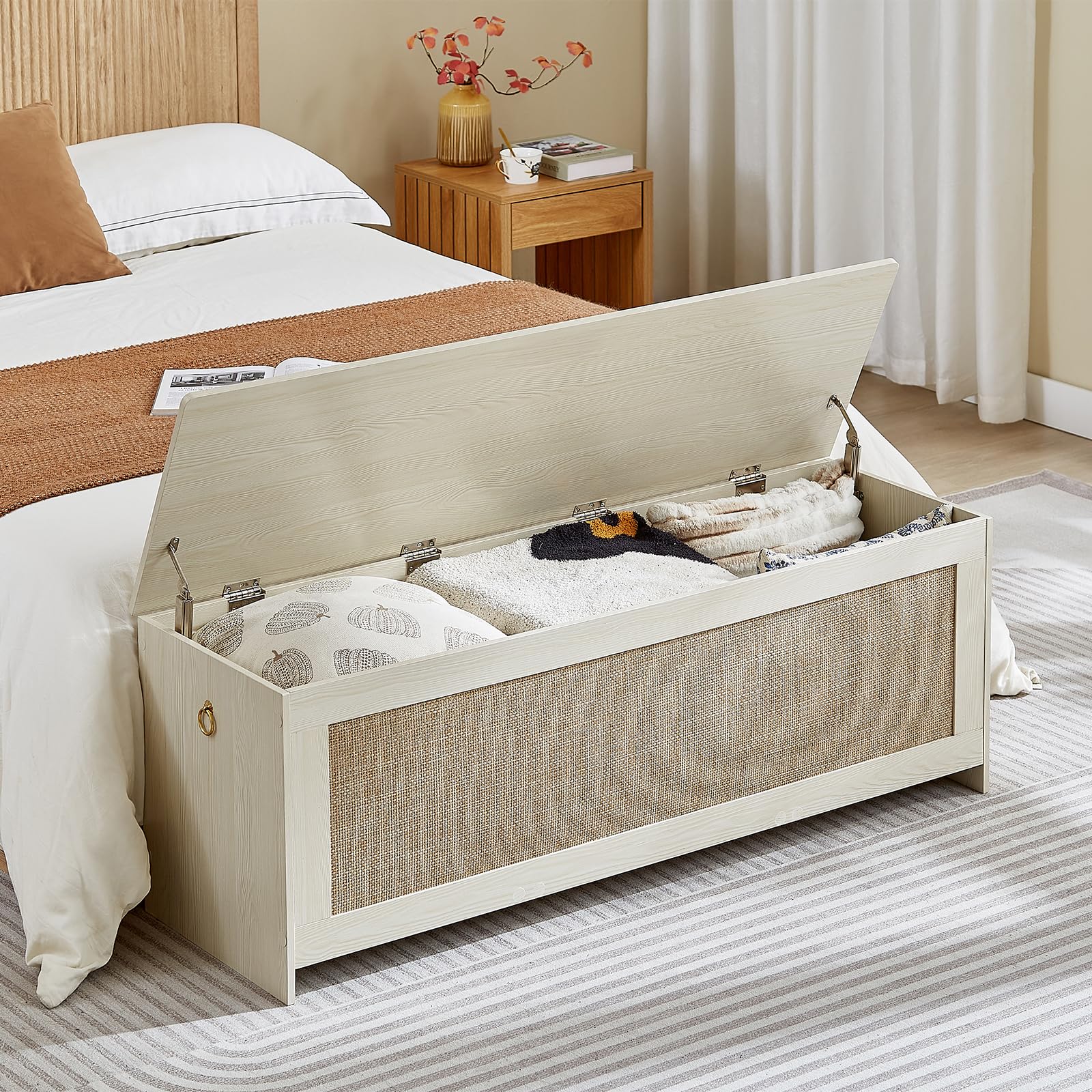 ZenFang 51.2" Storage Chest Extra Large,Storage Bench with 2 Safety Hinges,Wooden Shoe Bench,51.2x15.7x18.3 Inch,Easy Assembly,Storage Bench for Bedroom,Living Room,entryway(White Cream)