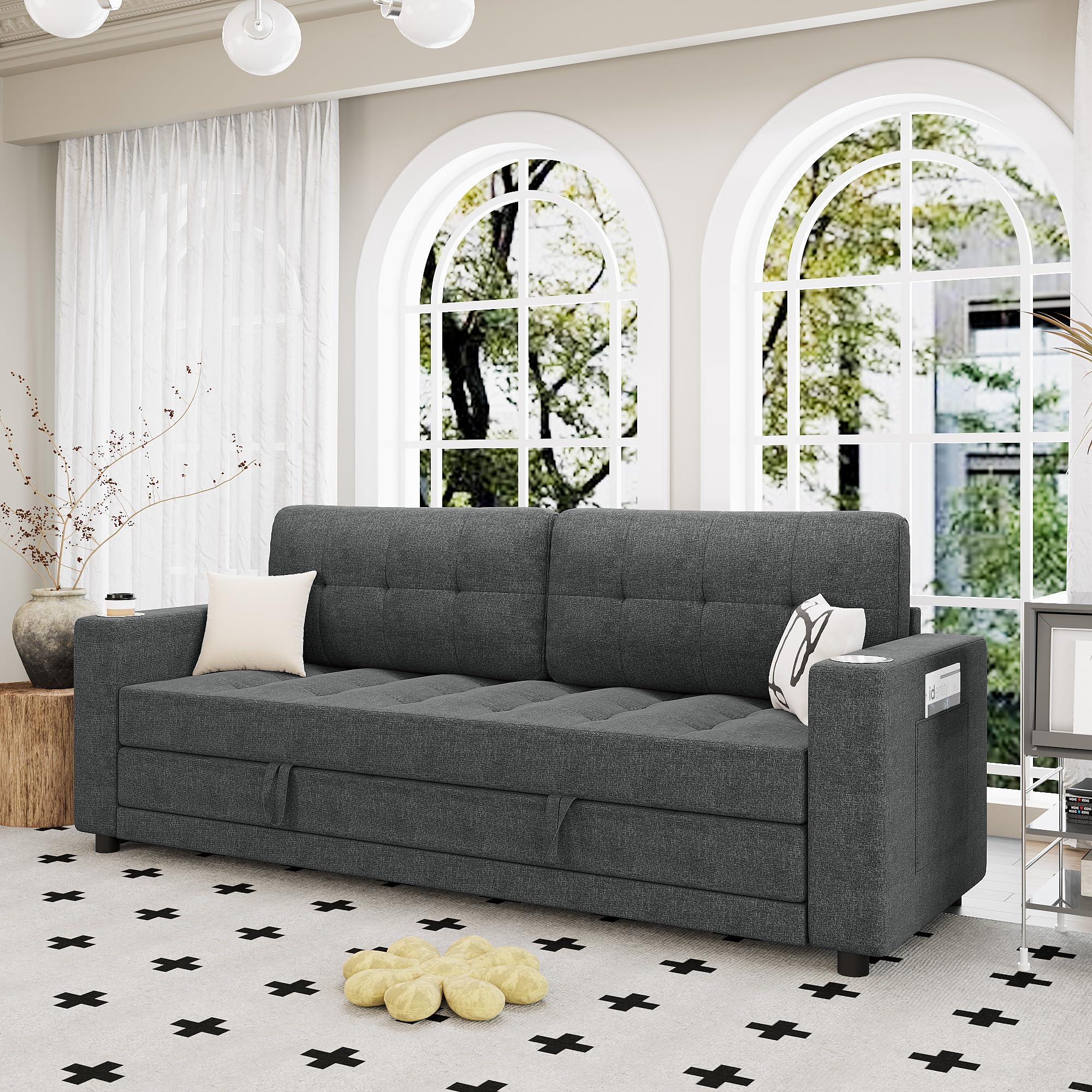 HYZQ Upgraded Queen Size Futon Sofa Bed, 83" Thick Upholstery Loveseat Sleeper Sofa Pull Out Couch, Convertible Floor Couch for Bedroom/Living Room (Dark Grey)