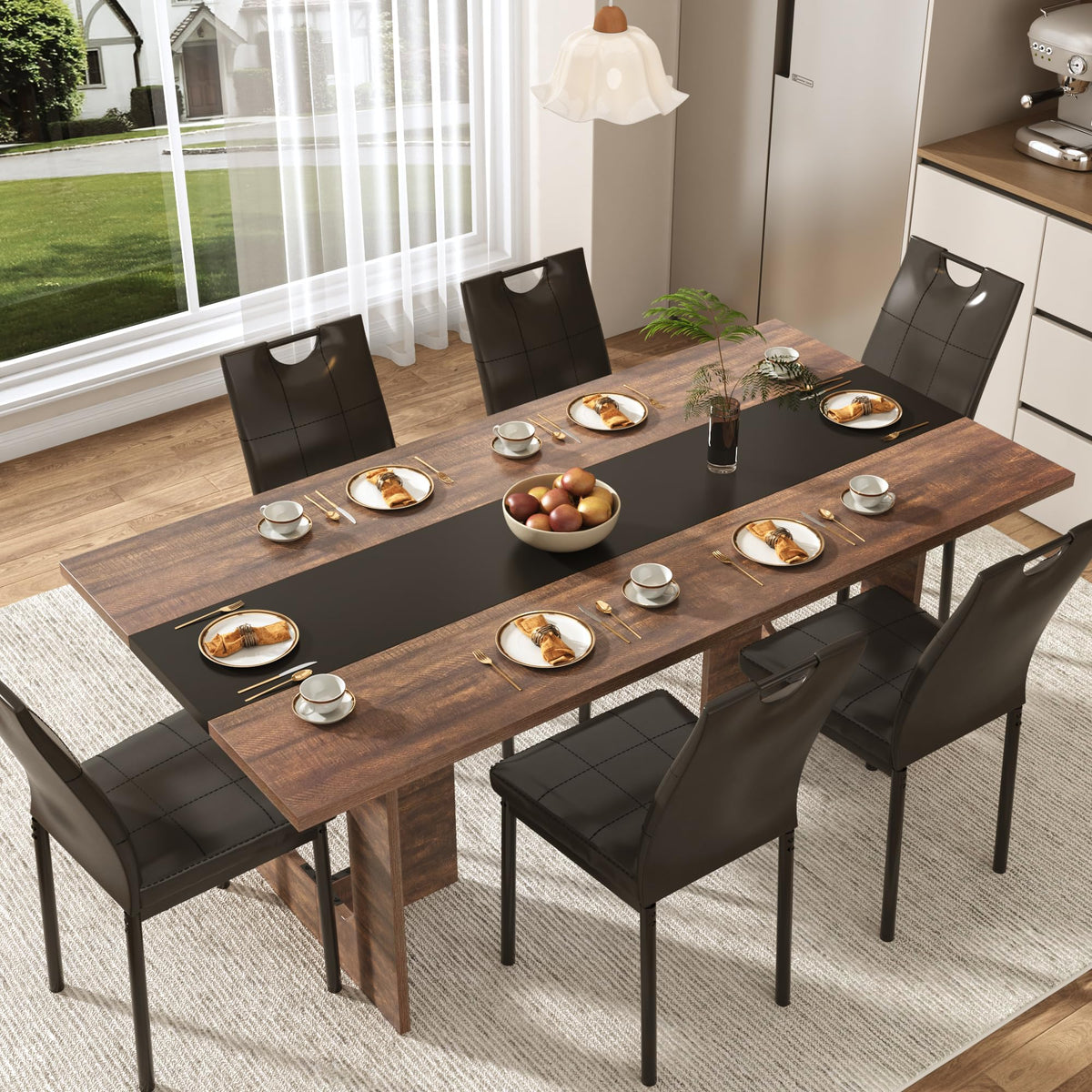 St.Mandyu 7 Pieces Dining Table & Chairs Set for 4-8 People, 71 Inch Kitchen Table with 6 Chairs, Rectangle Dining Table with Wooden Legs for Dining Room, Living Room, Brown