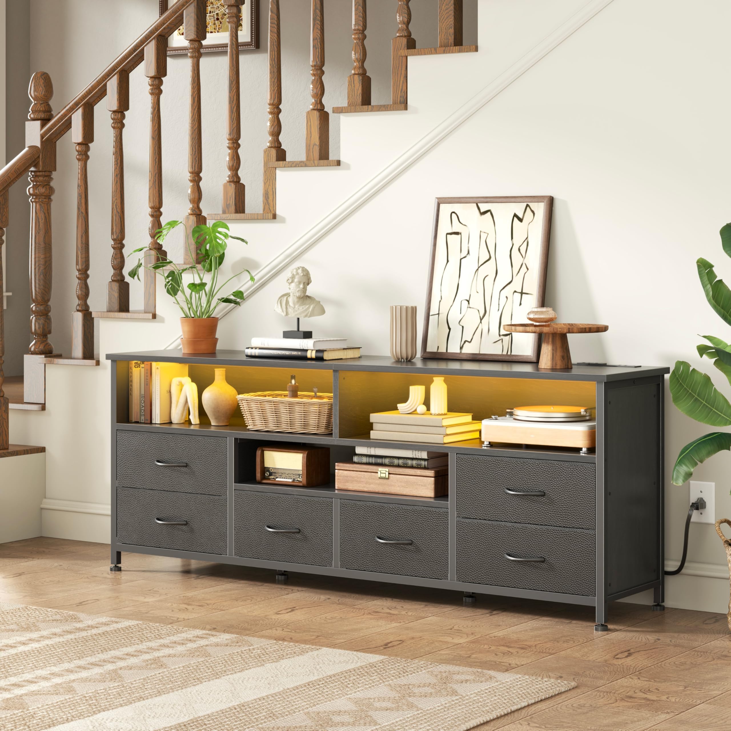 Korfile 55 Inch LED TV Stand for Bedroom, 6 Drawers Entertainment Center with Power Outlets for 50/55/60 Inch TV, Media Console Table with Shelves for Living Room & Hallway, PU Leather Surface, Black