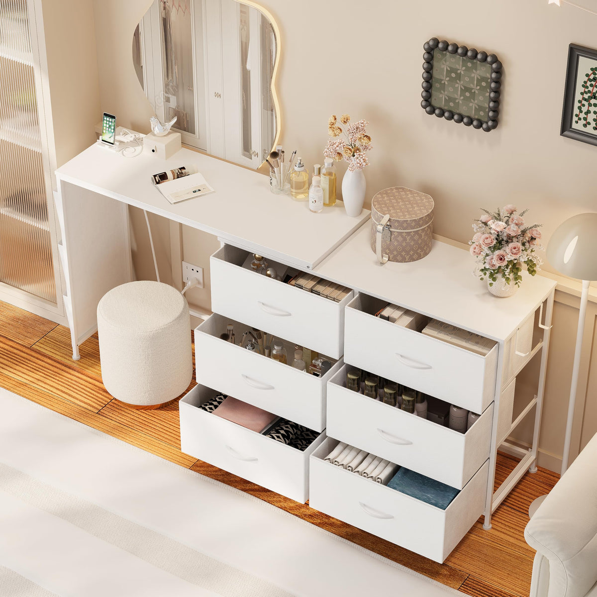 Corner Vanity Desk with 6 Drawers