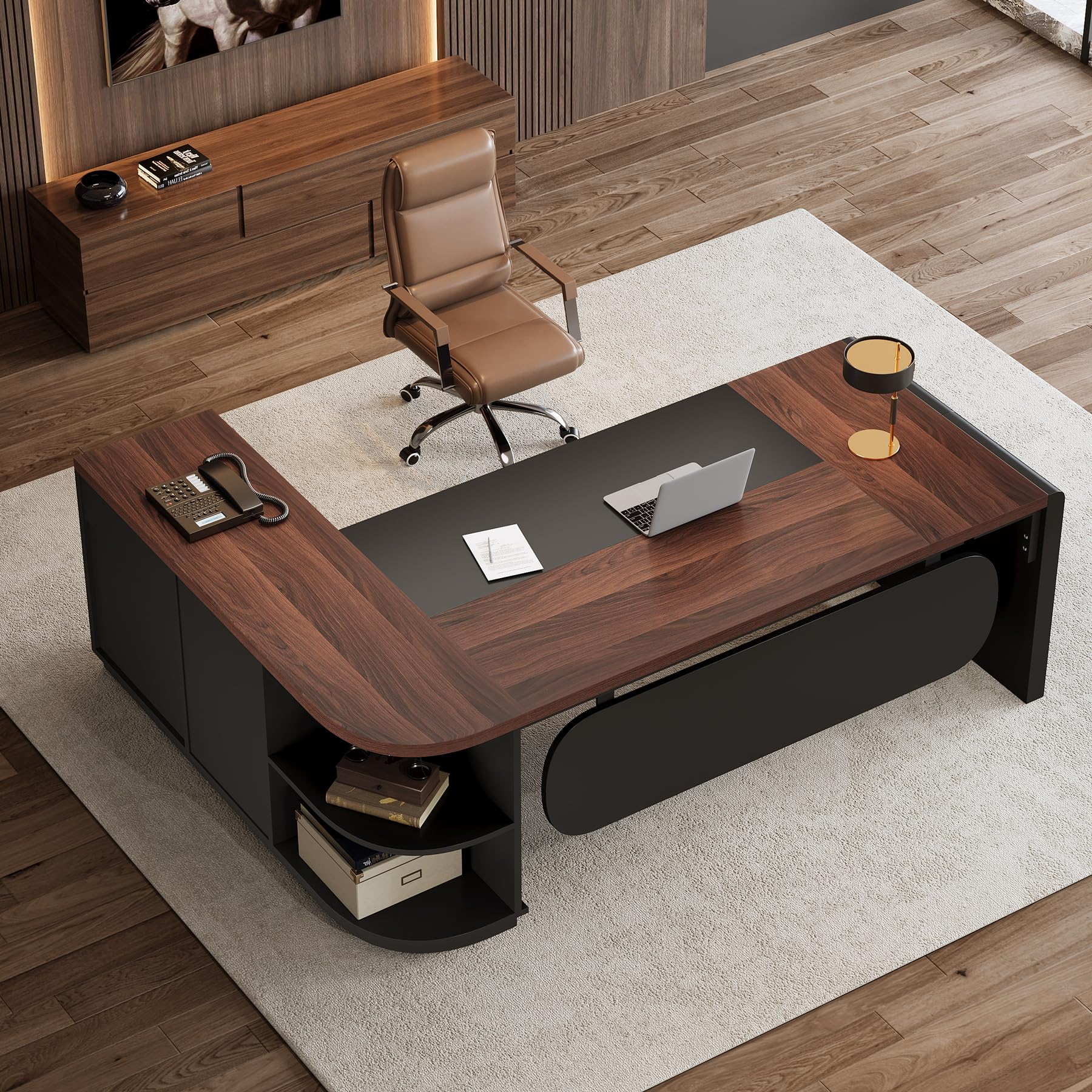 Tribesigns 81'' L-Shaped Executive Desk, Large Modern Office Desk with Drawers and File Cabinet for Home or Business Workspace, Computer Desk with Storage Shelves, Walnut & Black
