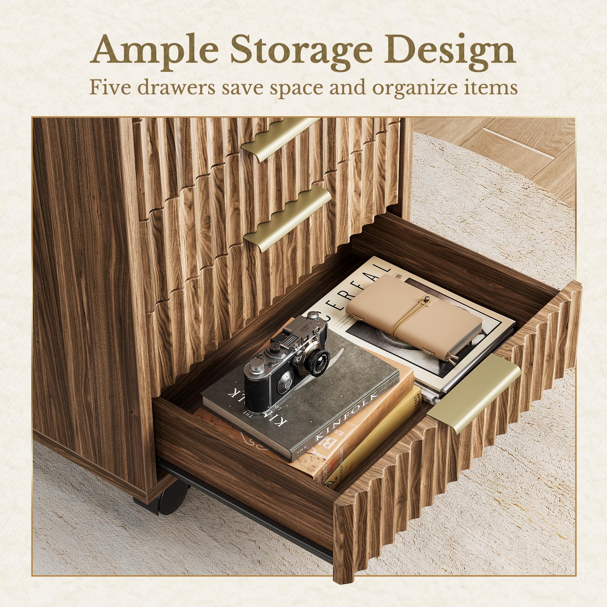 Fluted Mobile File Cabinet with Drawers & Wheels