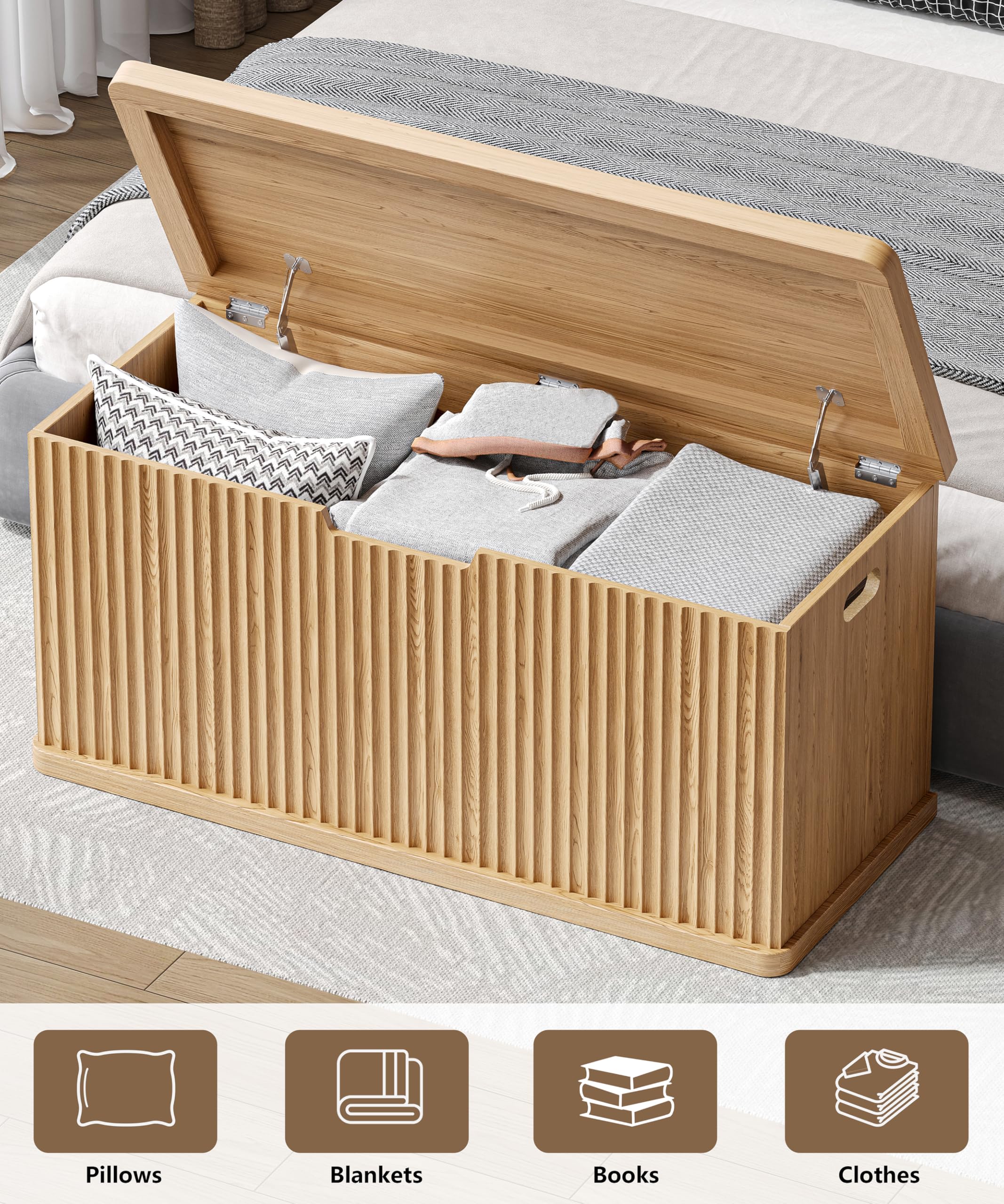 Akxomel Fluted Storage Chest with 2 Safety Hinges, 37.4" Wooden Storage Trunk, Natural Entryway Bench, for Living Room, Bedroom, Curved Profile, Easy Assembly, Natural Oak