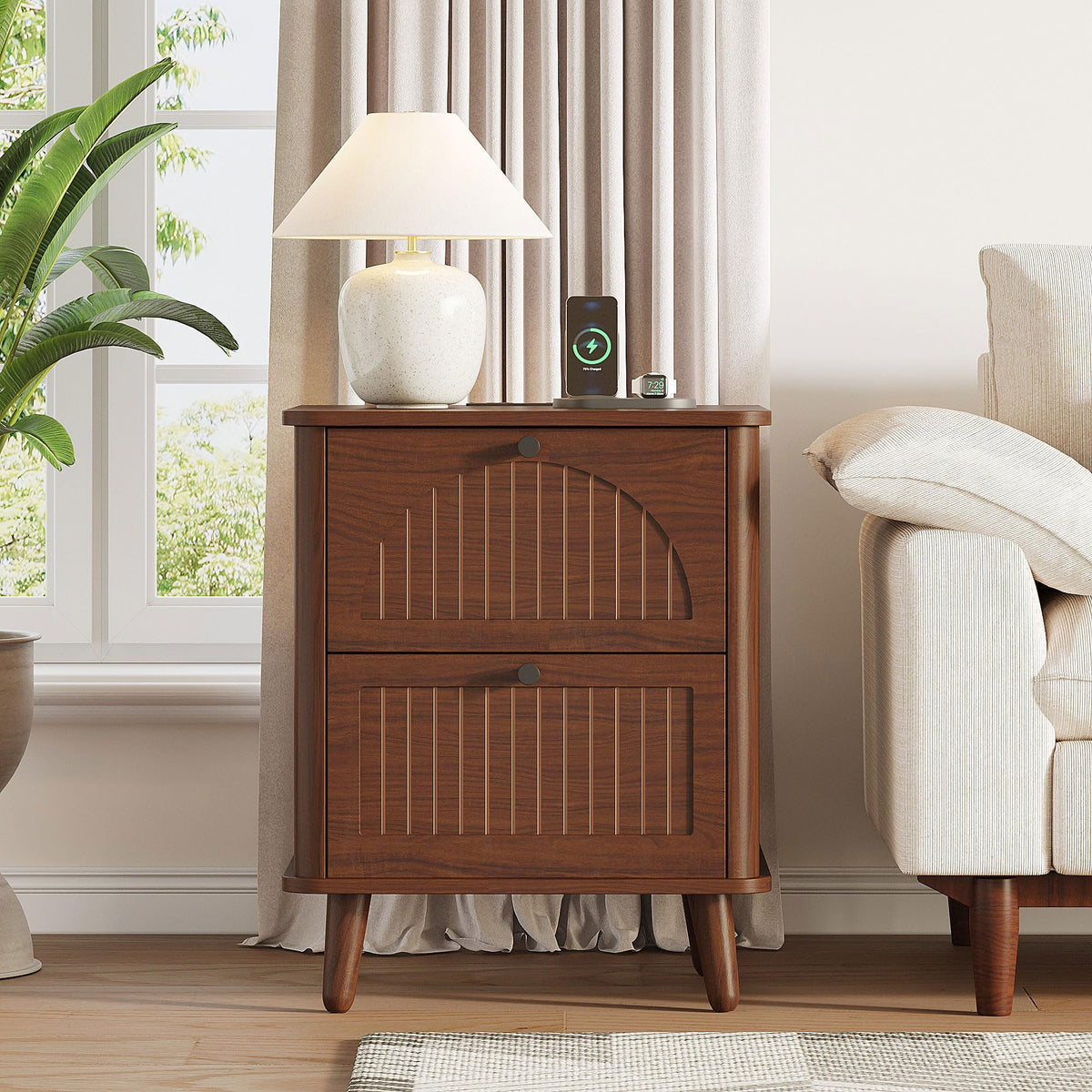 Walnut Nightstand with Charging Station