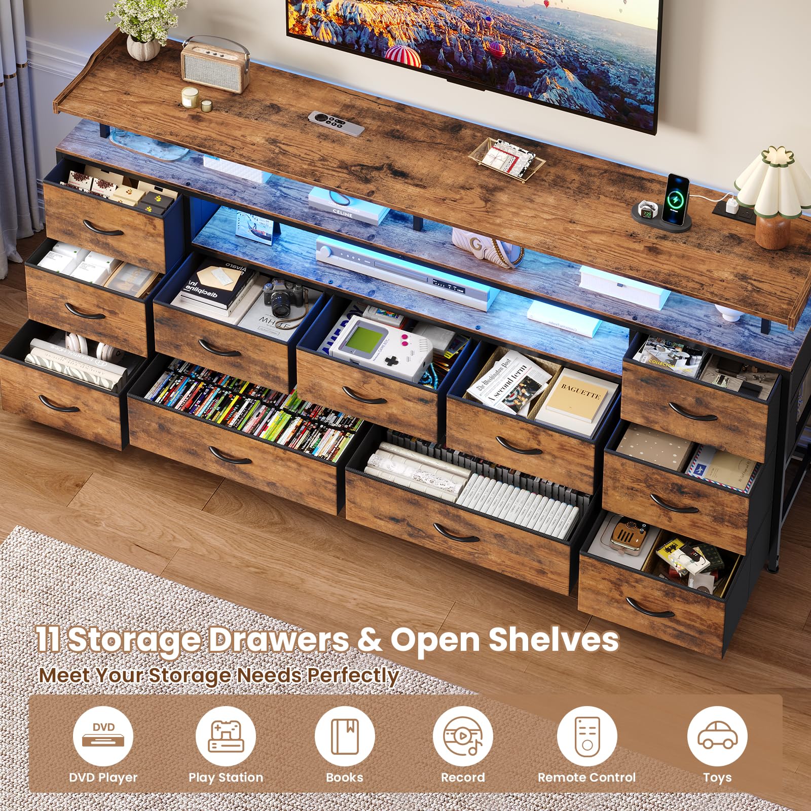 ADORNEVE TV Stand for 65 Inch TV, 63" W Large Entertainment Center with LED Lights & Charging Station, Long Dresser with 11 Fabric Drawers & Open Shelves for Bedroom,Living Room,Rustic Brown
