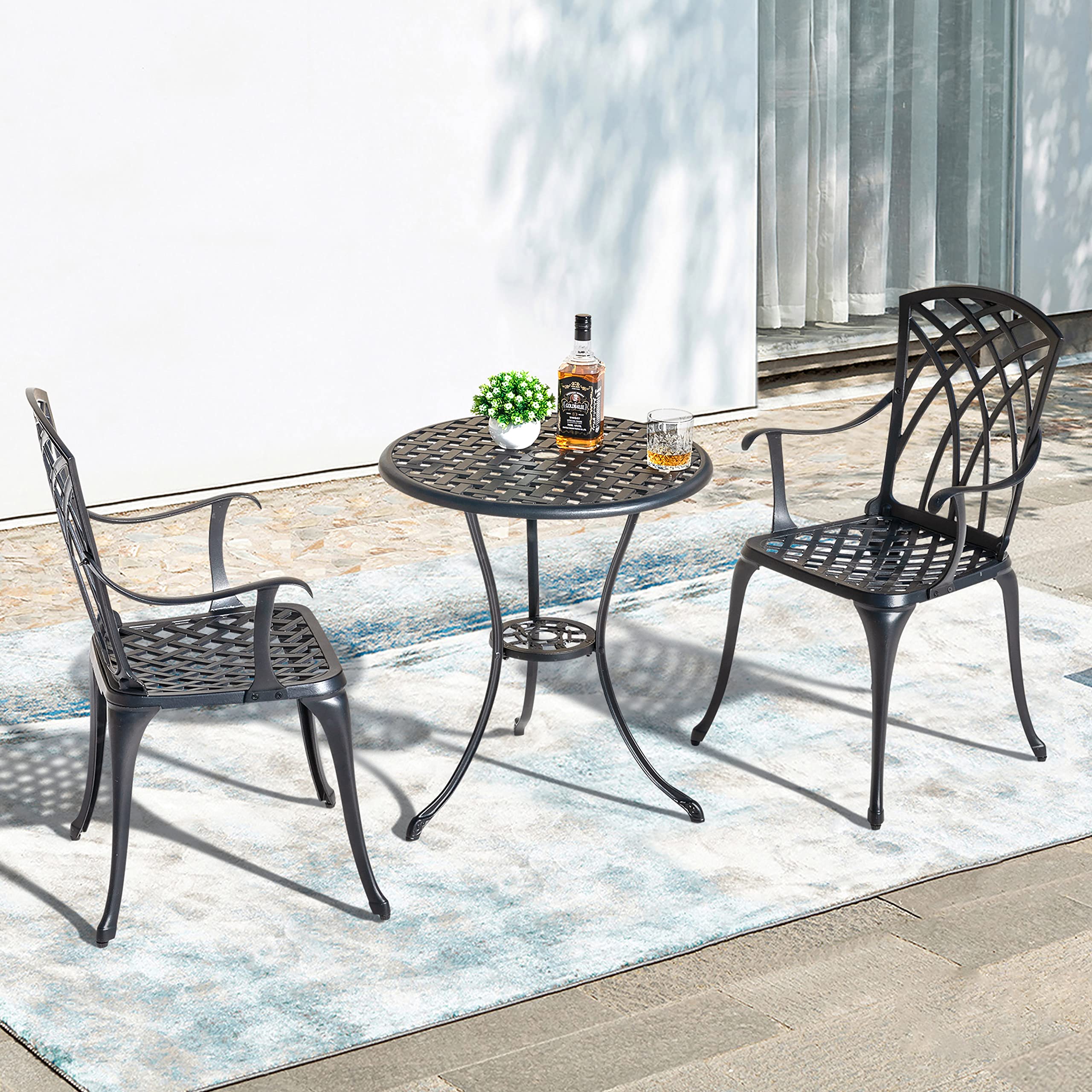 3-Piece Patio Bistro Set – Cast Aluminum Table & Chairs with Umbrella Hole