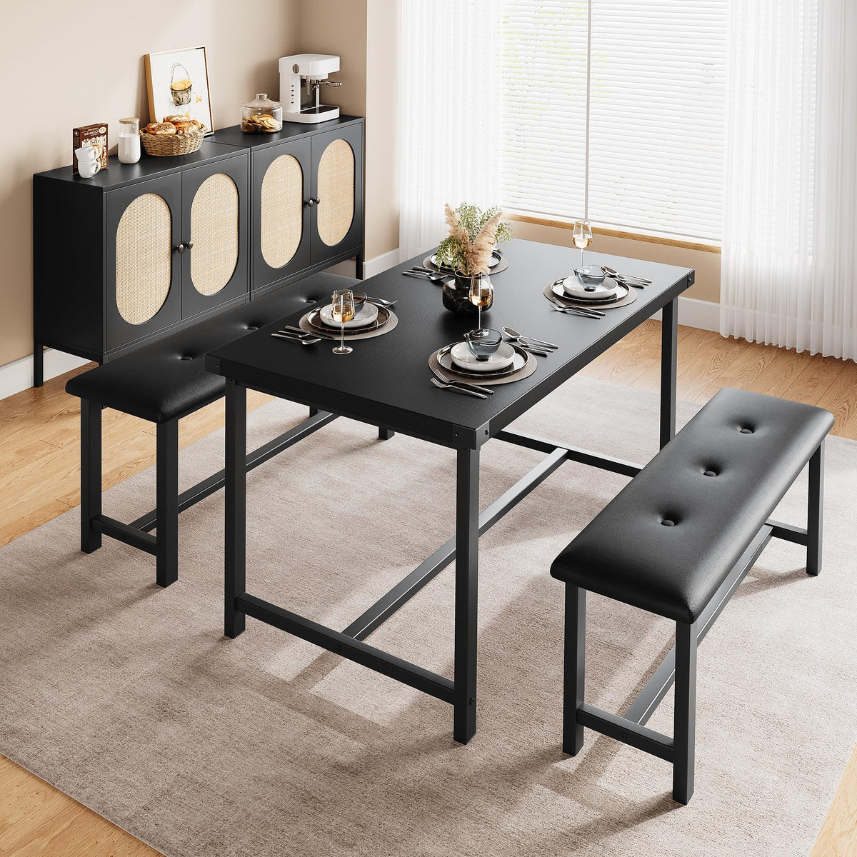 Amyove Rectangular Dining Table Set for 4, 3 Piece Kitchen Table Set with 2 Upholstered Benches, Retro Black