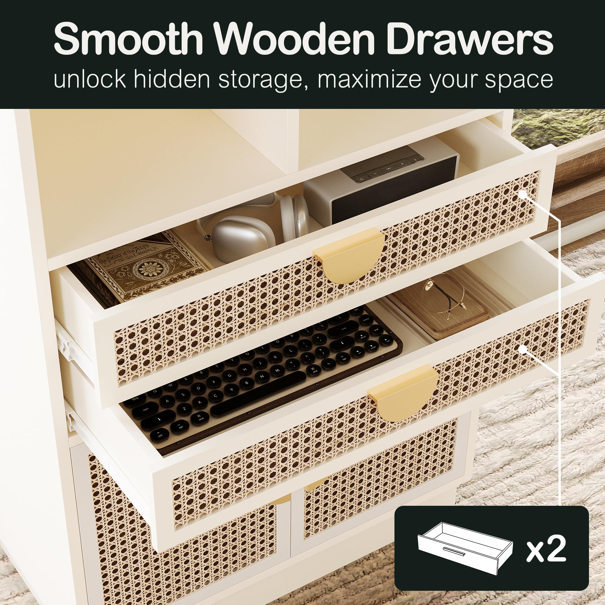 ModernMate Wood Bookcase with 2 Drawers and Doors, 8 Storage Cubes, Tall Bookshelf, Modern Bookcases, Wooden Bookshelves for Home and Office, Living Room, Study, White Rattan
