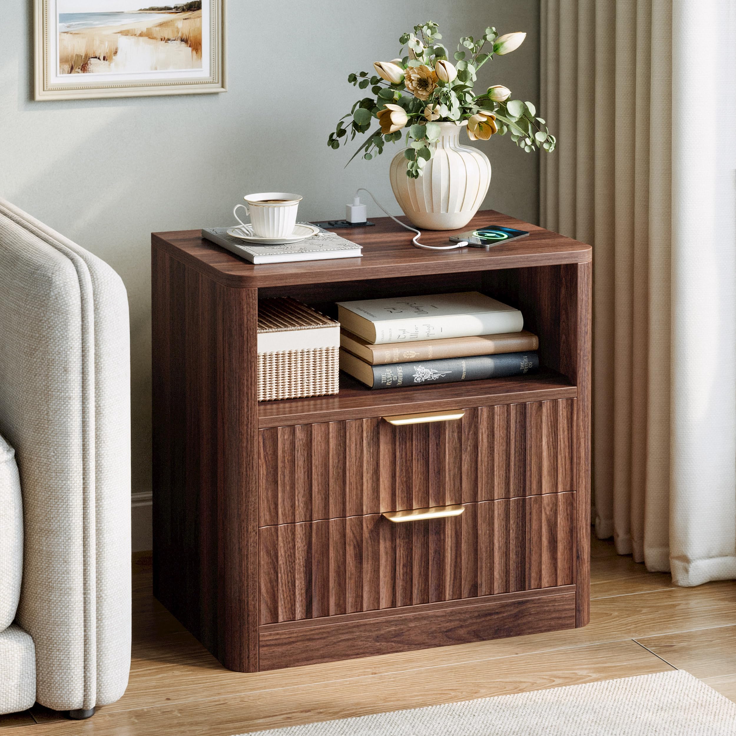 Fluted Nightstand Set of 2 with Charging Station