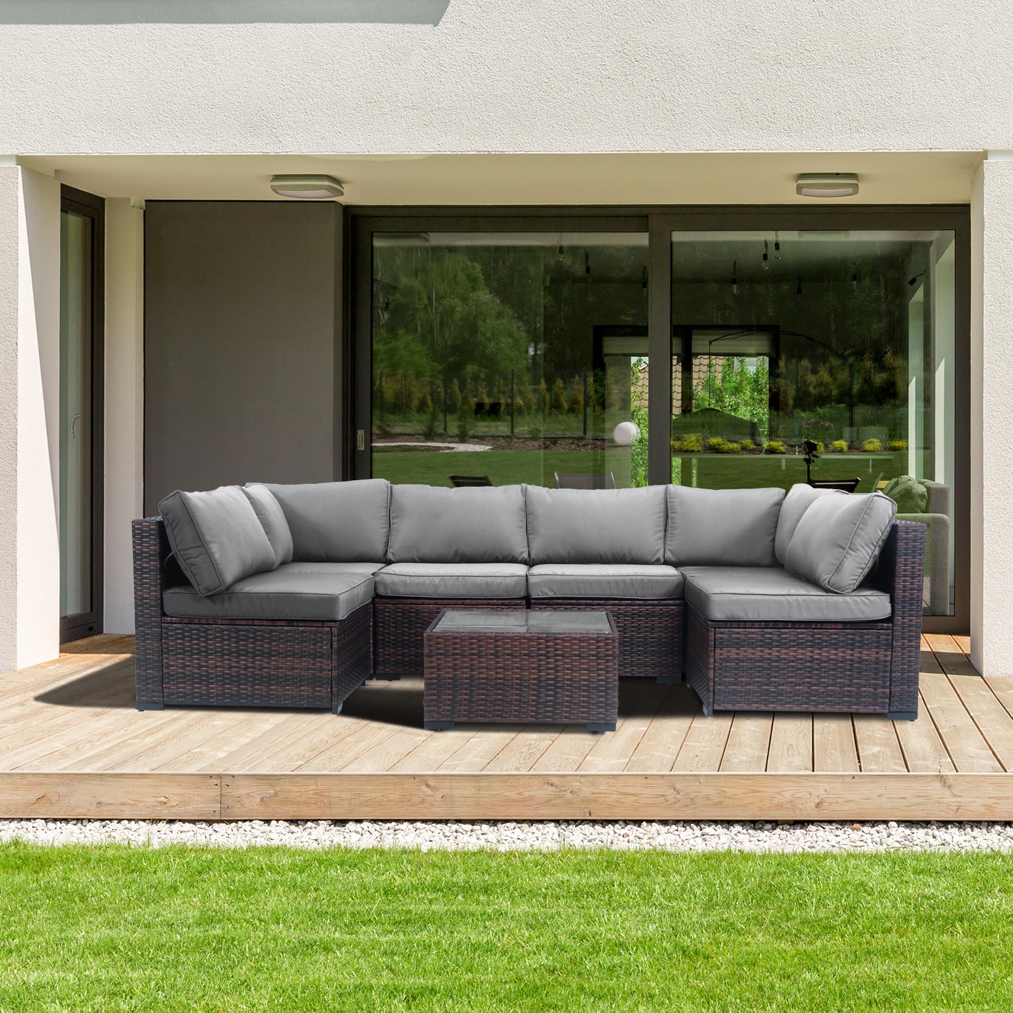 7-Piece Outdoor Sectional Sofa Set with Glass Table & Rain Cover