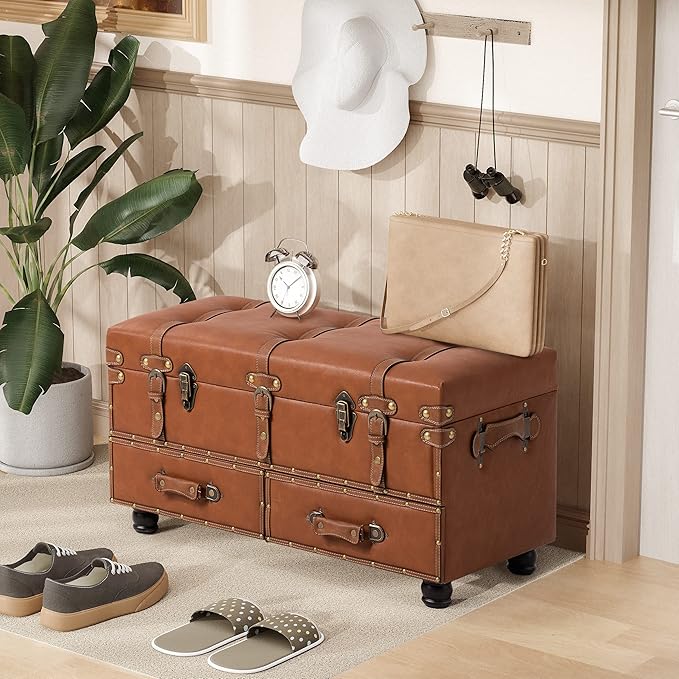 Vintage Faux Leather Storage Ottoman Bench