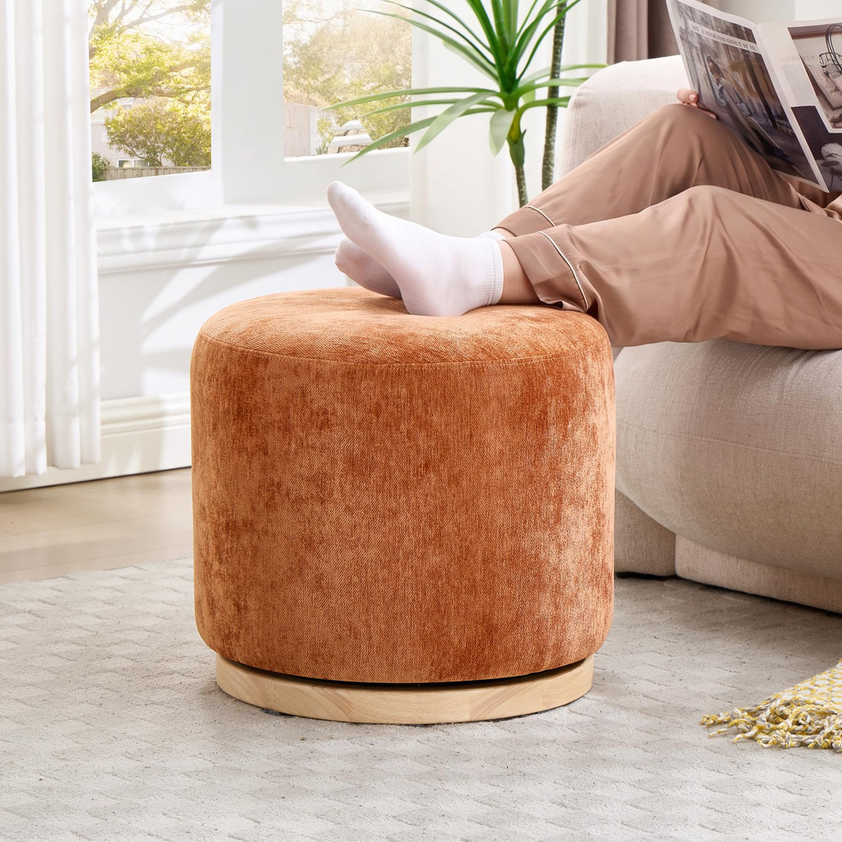 Zibeths Swivel Round Ottoman Set of 2, Burnt Orange Chenille Footstool