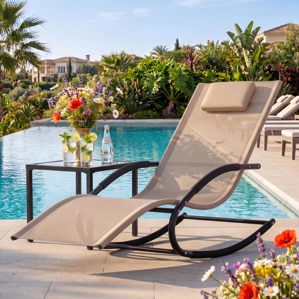Garvee Outdoor Lounge Chair Rocking Chair Lawn Chair w/Non-Slip Base, Brown