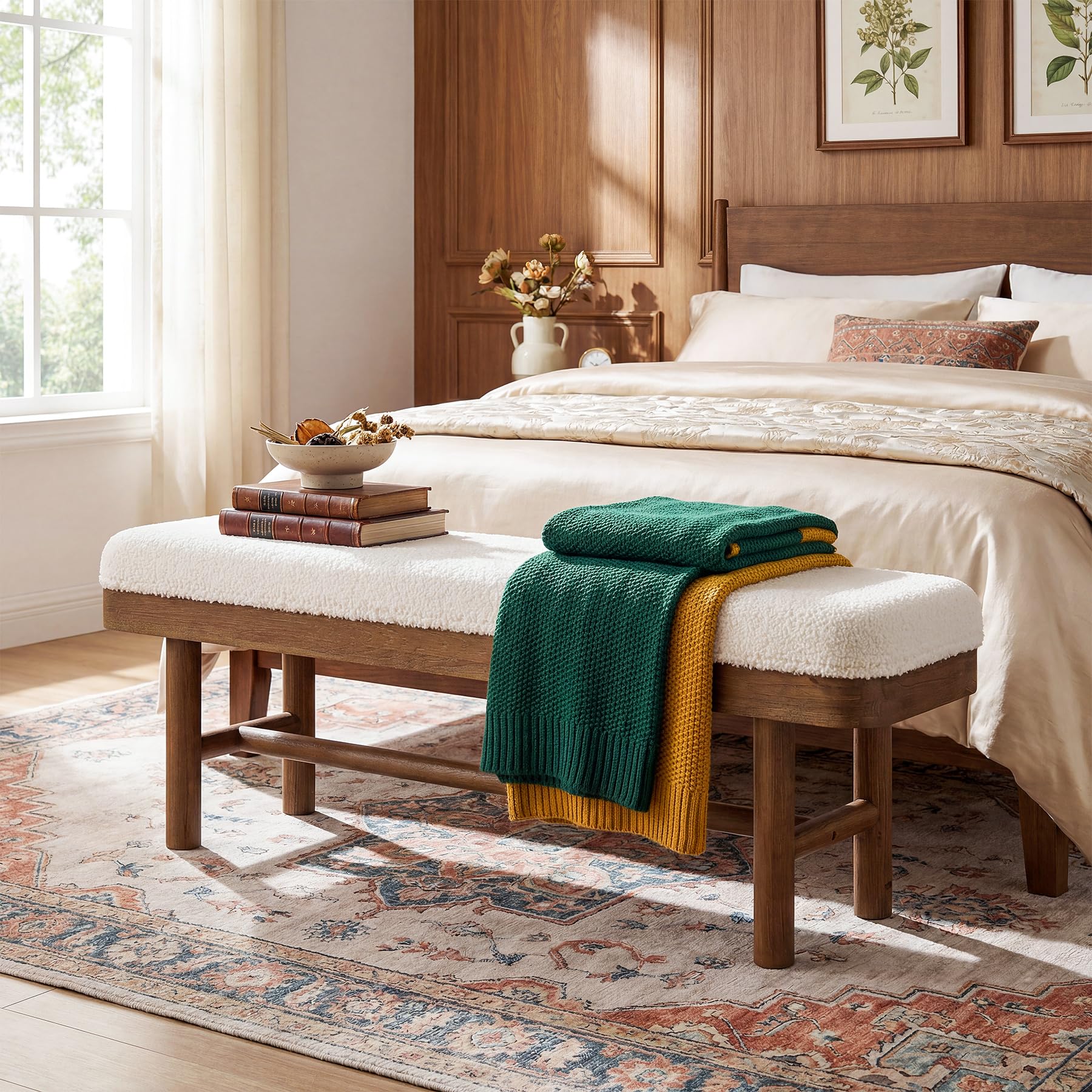 TRIBEWOOD 55" Upholstered Bedroom Bench, Solid Wood End of Bed Bench, Modern Indoor Bench with Cushion for Bedroom, Living Room, White & Brown