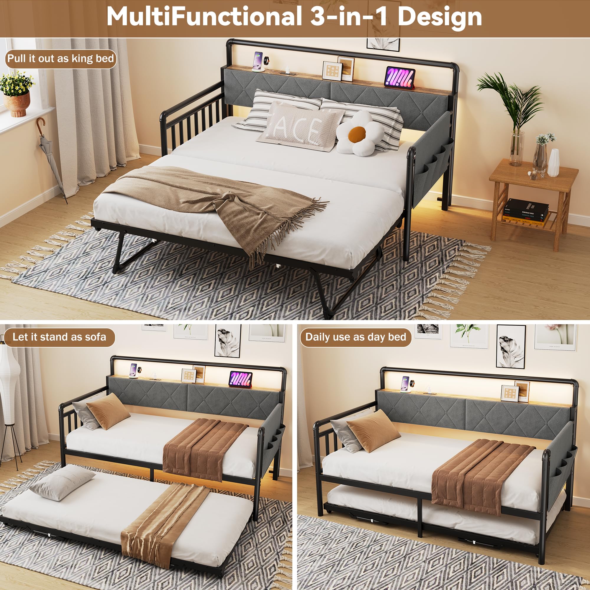 Hretanant Daybed with Trundle Bed, Twin Bed Frame with LED Light, Storage Headboard with Charging Station, Strong Metal Frame, Sofa Day Bed for Living Room, Bedroom, Guest Room, Grey
