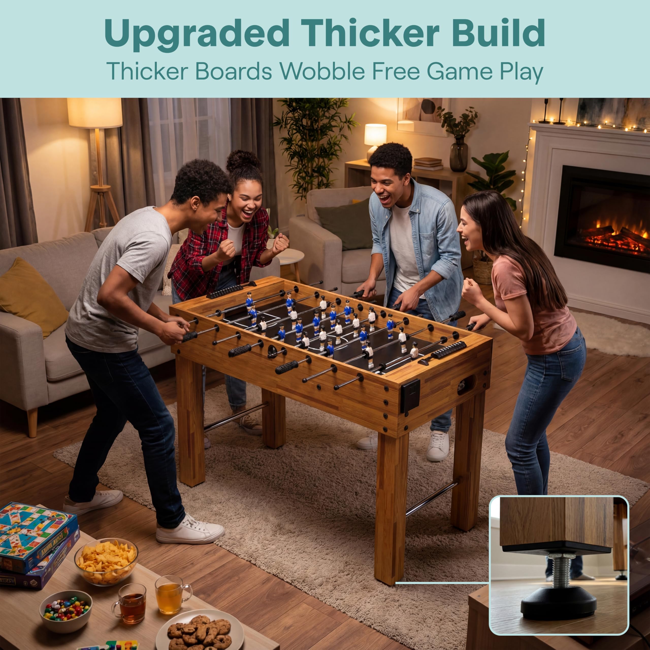 SereneLife 48in Foosball Table, Competition Size Soccer Game Table for Kids and Adults, Home Game Room Arcade Set, Leveling Legs, Engineered Wood, Chrome Steel Rods, 2 Balls, 2 Cup Holders, Natural