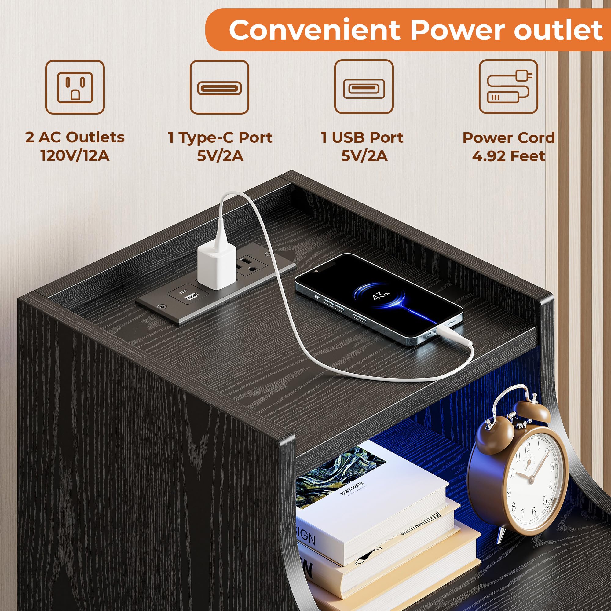 Nightstand with Charging Station, RGB LED Lights & 3 Drawers