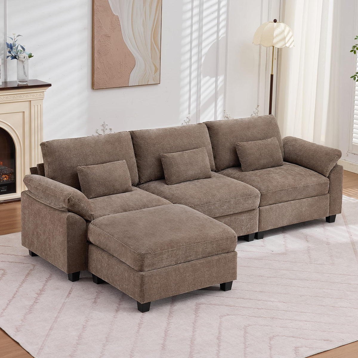 Immulize Sectional Sofa, L Shaped Cloud Couch with Movable Ottoman, Brown