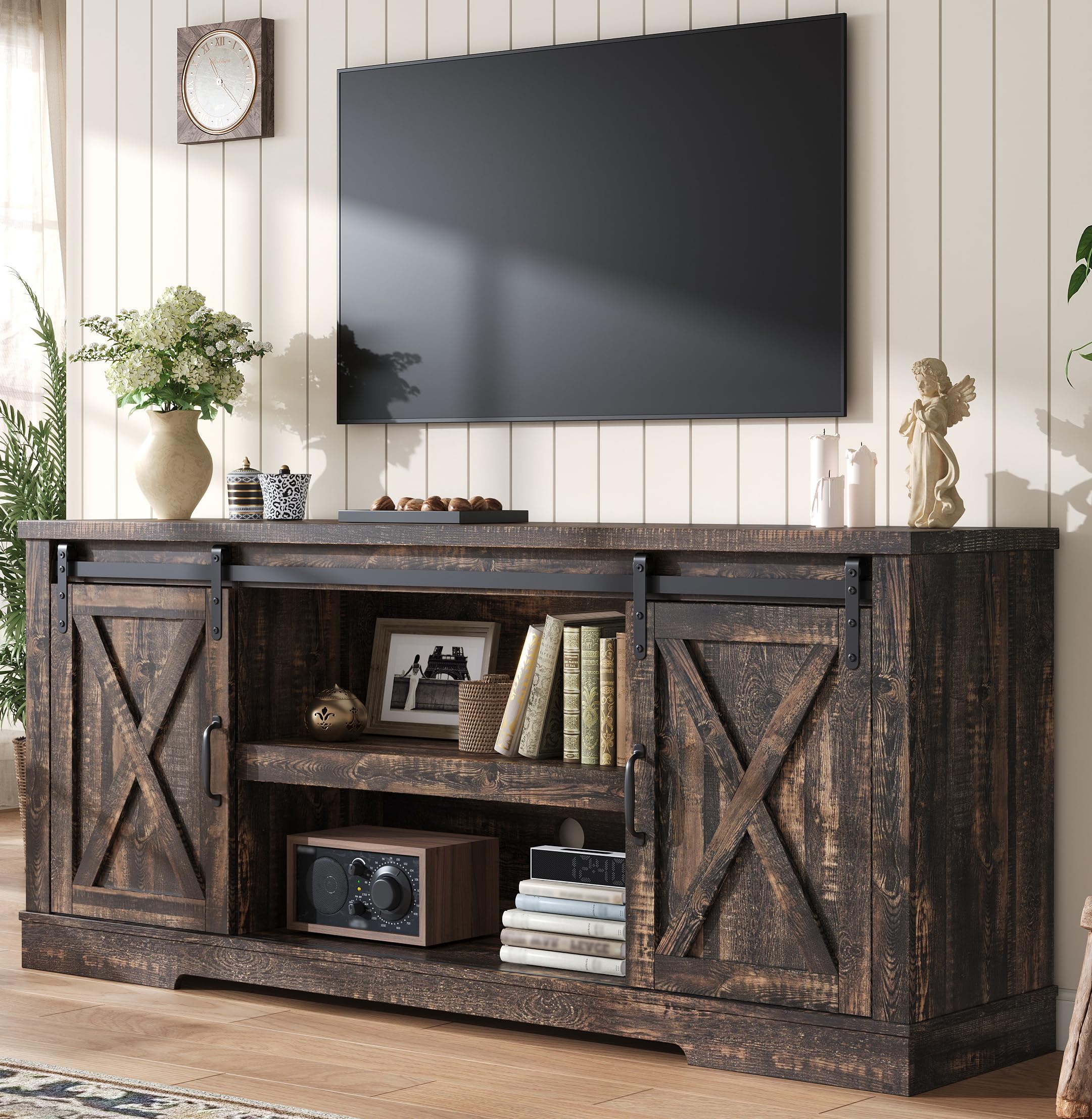66" Farmhouse TV Stand with Sliding Barn Door