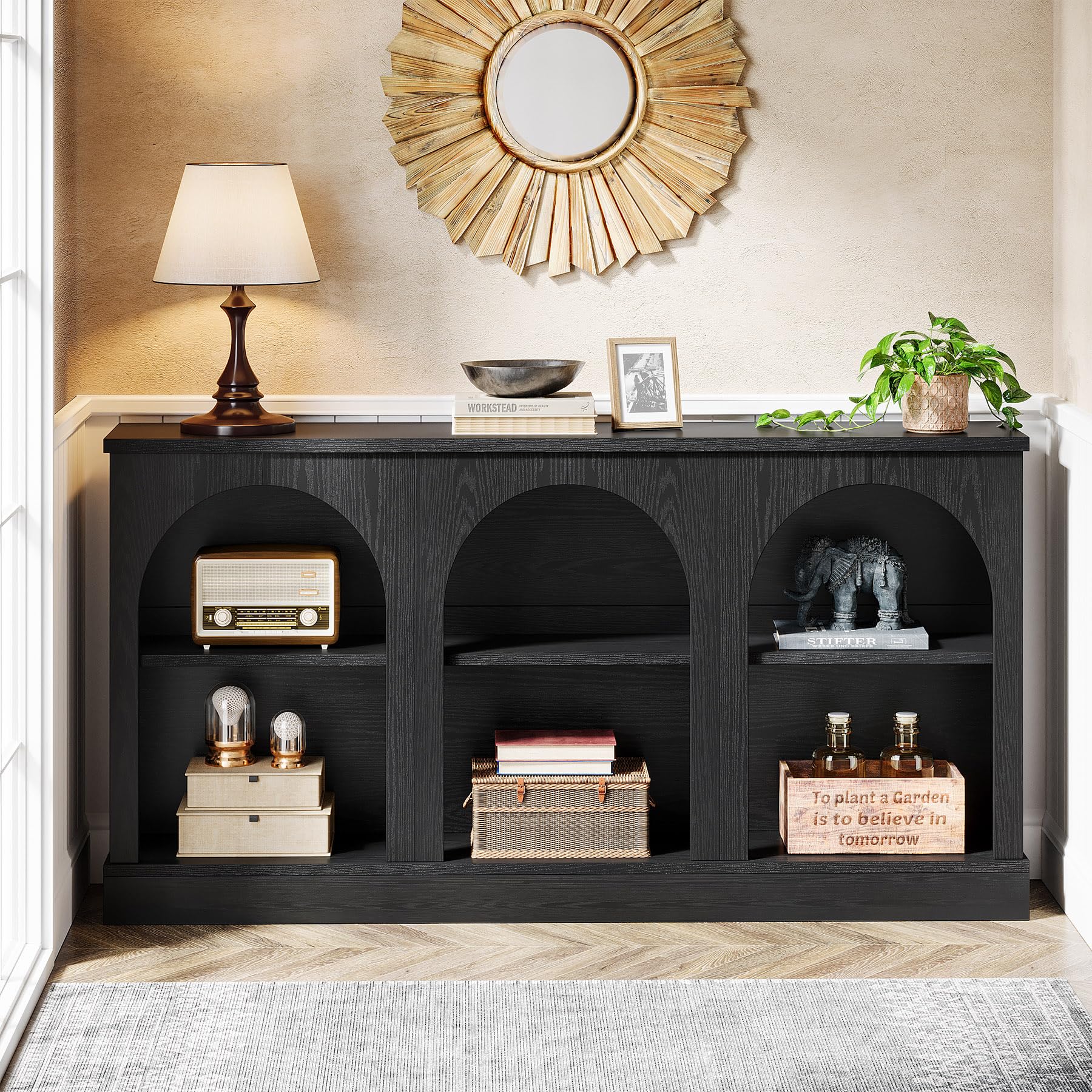 Tribesigns Farmhouse Console Table, 63-Inch Long Entryway Table with 3 Tier Storage, Wooden Rectangular Sofa Table Behind The Couch for Entrance, Hallway, Living Room, Black