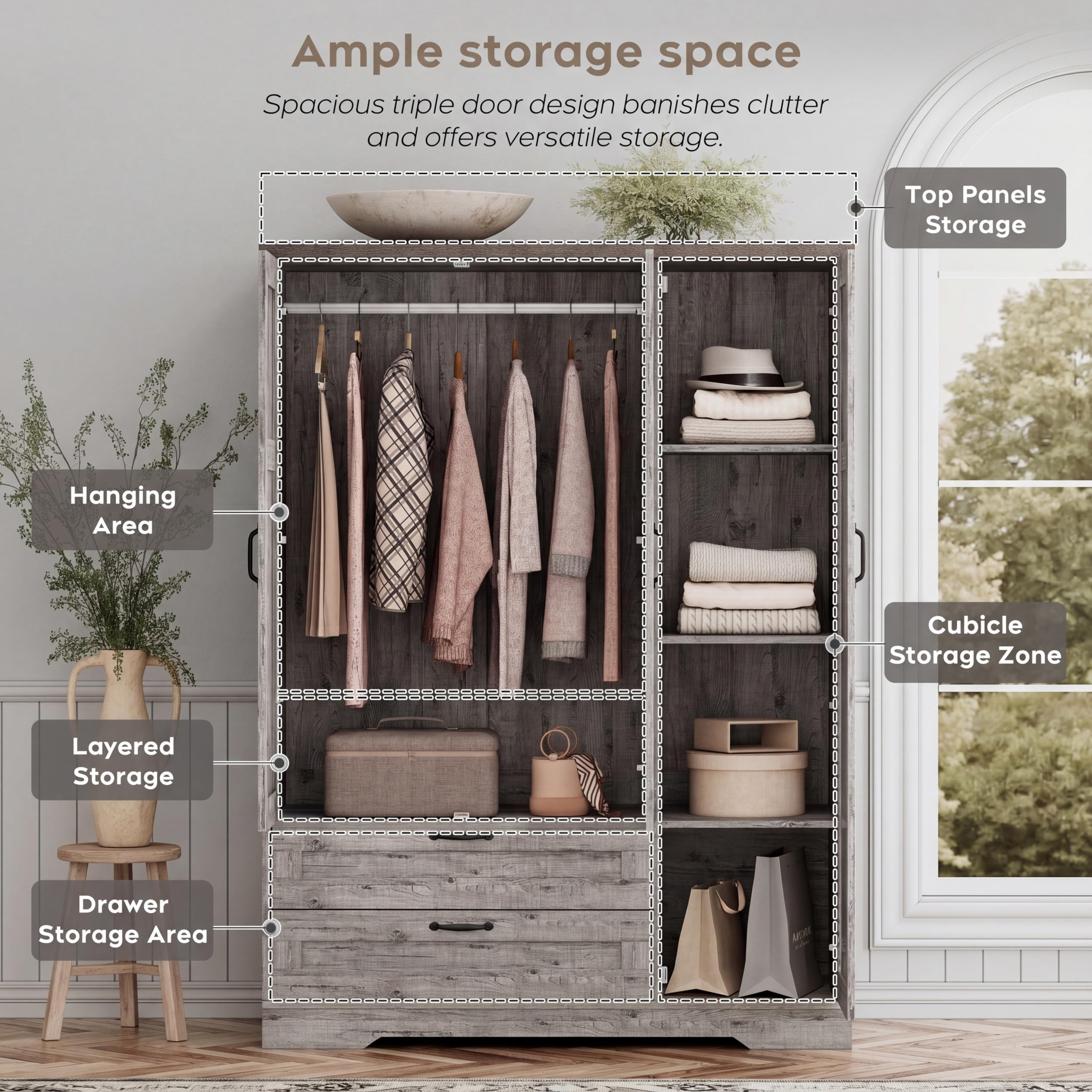XIAO WEI Armoire Wardrobe Closet with 3 Door, Bedroom Wooden Armoires with Full Length Mirror, Large Clothing Storage Cabinet 2 Drawers, Hanging Rod, Shelves (Gray, 3 Door)