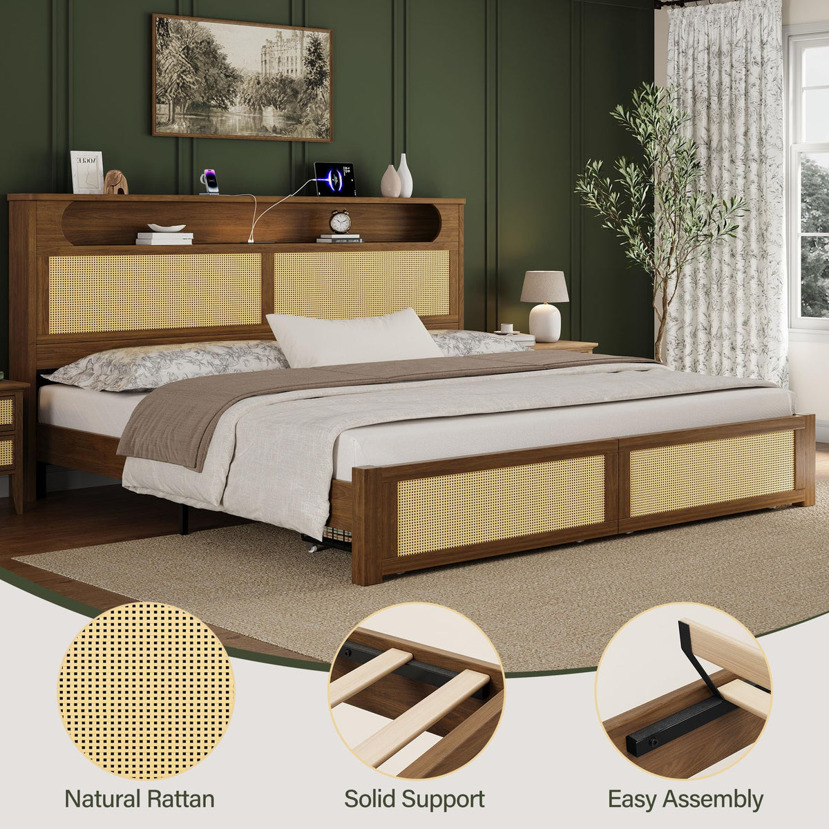 Belffin King Size Rattan Bed Frame with 2 Storage Drawers, Wood Bed, Brown