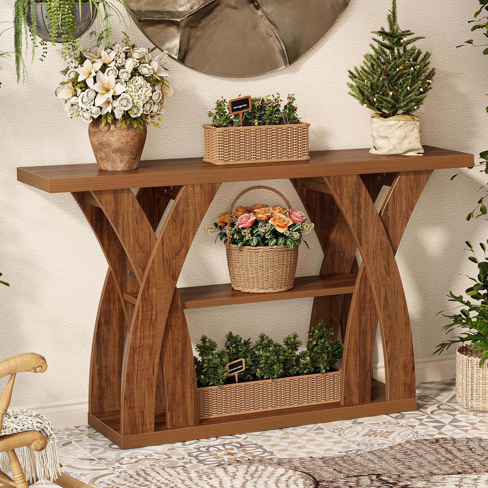 Tarnorci 55 inch Farmhouse Entryway Table, Console Table with 3-Tier Storage, Rustic Striped Brown X-Shaped Narrow Entry Table for Behind Couch, Living Room, Hallway, Foyer