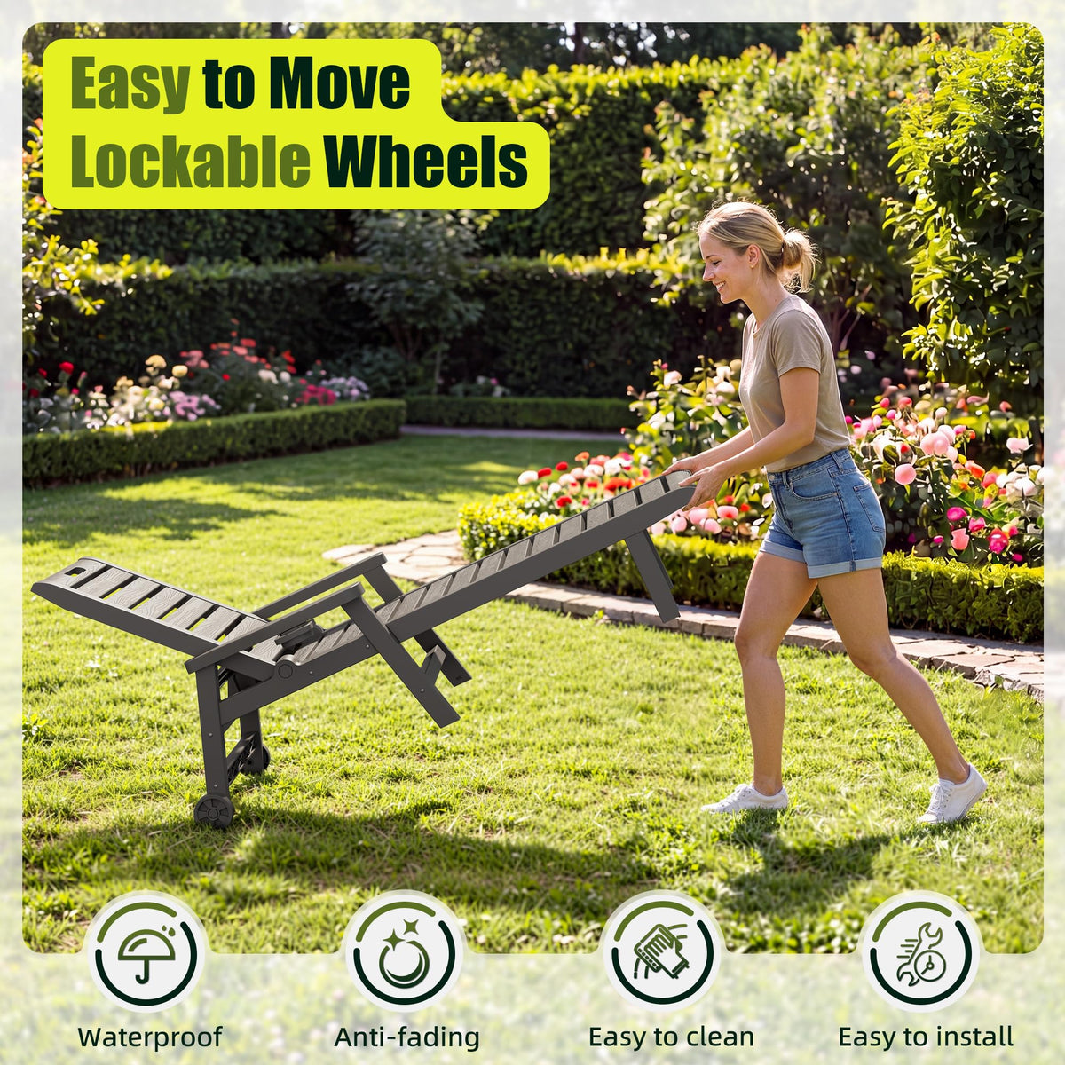 NUNU LAB Outdoor Chaise Lounge Chairs Set, Grey with Wheels, 2pcs