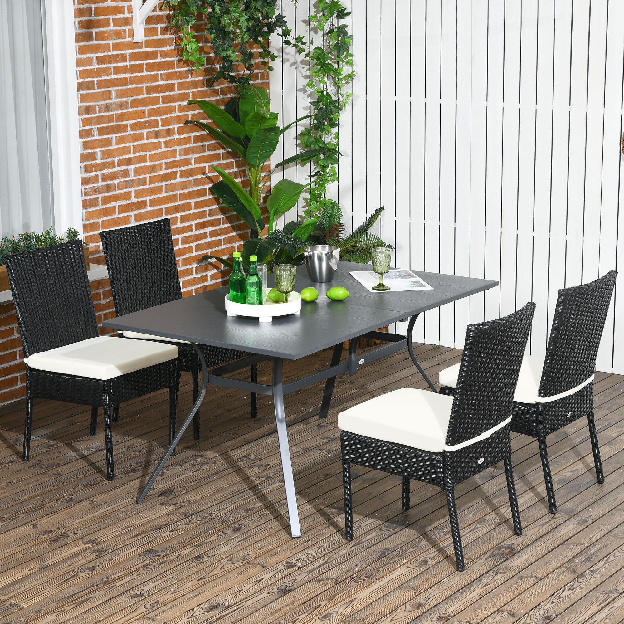 Outsunny 4 PE Rattan Outdoor Dining Chairs with Cushions, Patio Wicker Dining Chairs with Backrests for Porch, Deck, Garden, Black